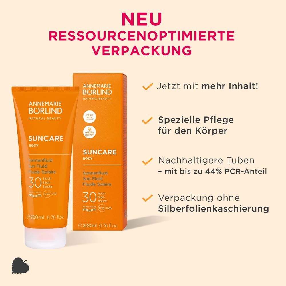 Sonnenfluid LSF 30 und Verpackung von Annemarie Börlind. Text: Nachhaltige Tuben, mehr Inhalt.
