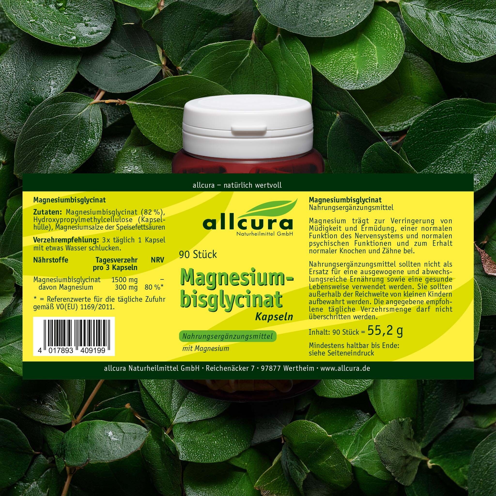 Braune Flasche mit weißen Deckel. Aufschrift: Magnesiumbisglycinat Kapseln. 90 Stück. Auf Blättern.