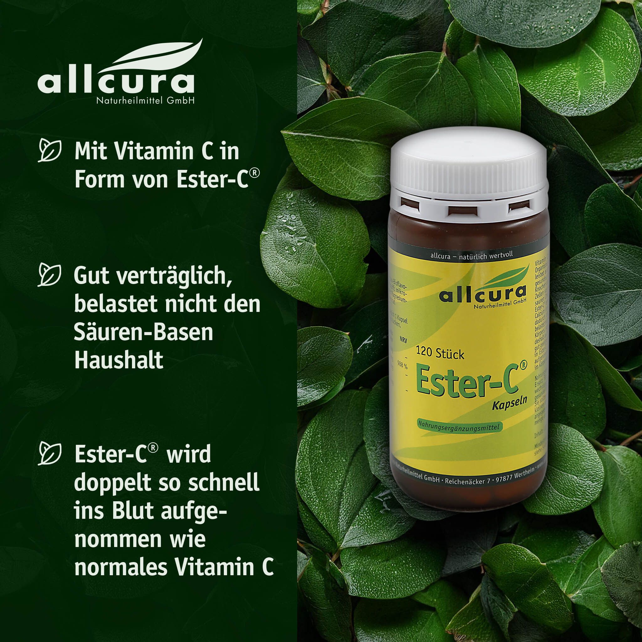 Flasche Ester-C Kapseln vor Blättern. Text: Mit Vitamin C in Form von Ester-C. Gut verträglich.