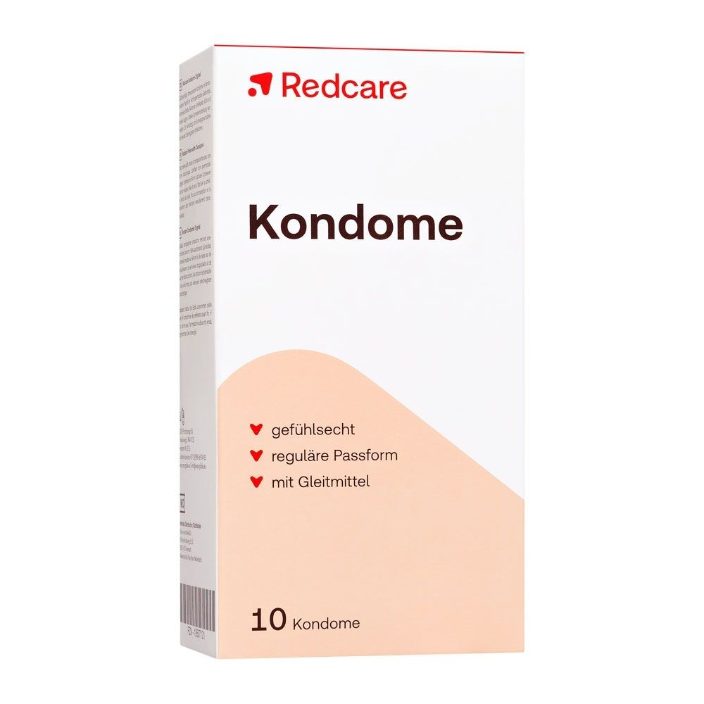 Redcare Kondome Packung mit 10 Stück. Mit Gleitmittel, regulärer Passform und gefühlsecht.