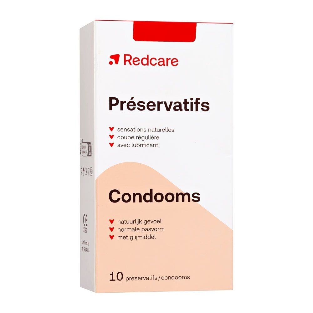 Redcare Kondome Packung mit 10 Stück. Mit Gleitmittel, regulärer Passform und gefühlsecht.