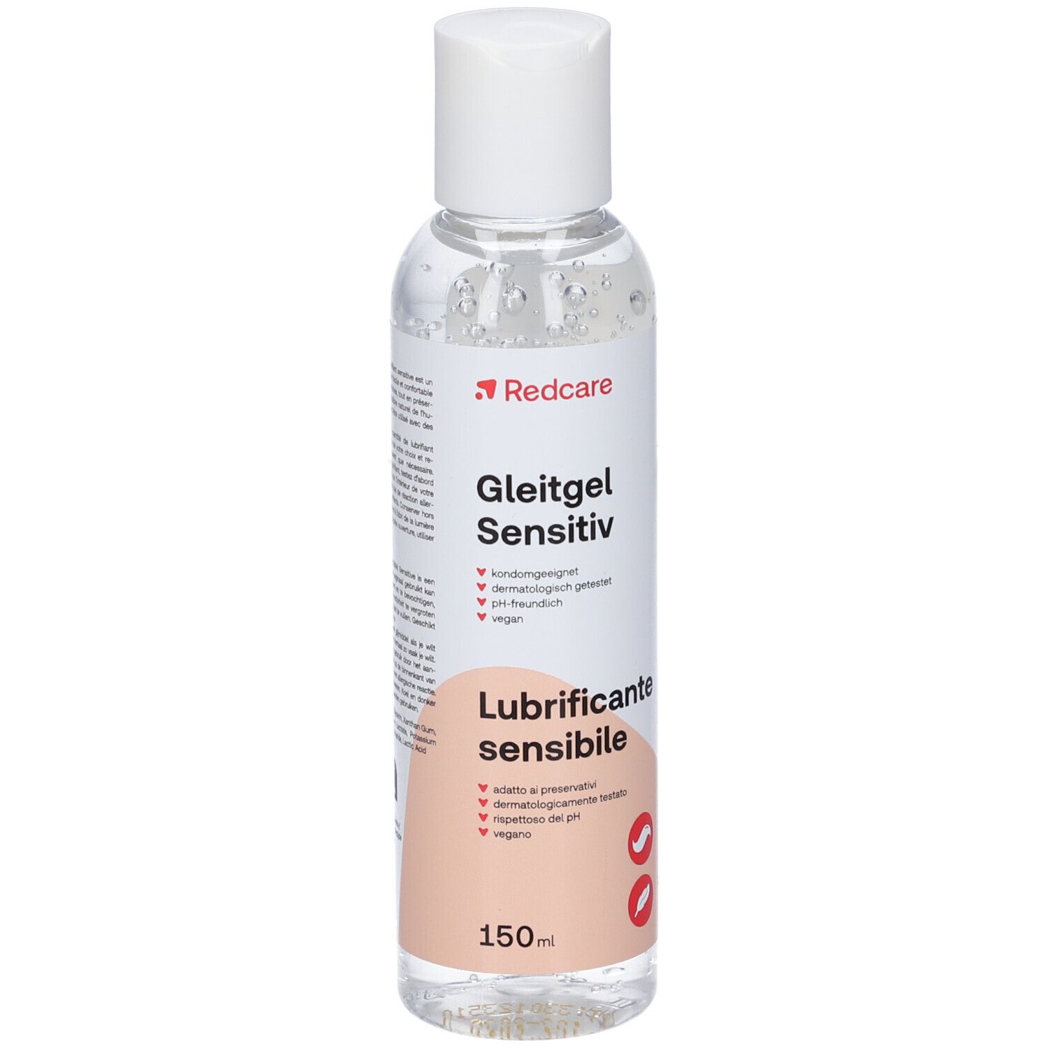 Klare Flasche mit weißem Deckel. Etikett mit Produktnamen, Marke Redcare und Inhaltsangaben. 150ml.