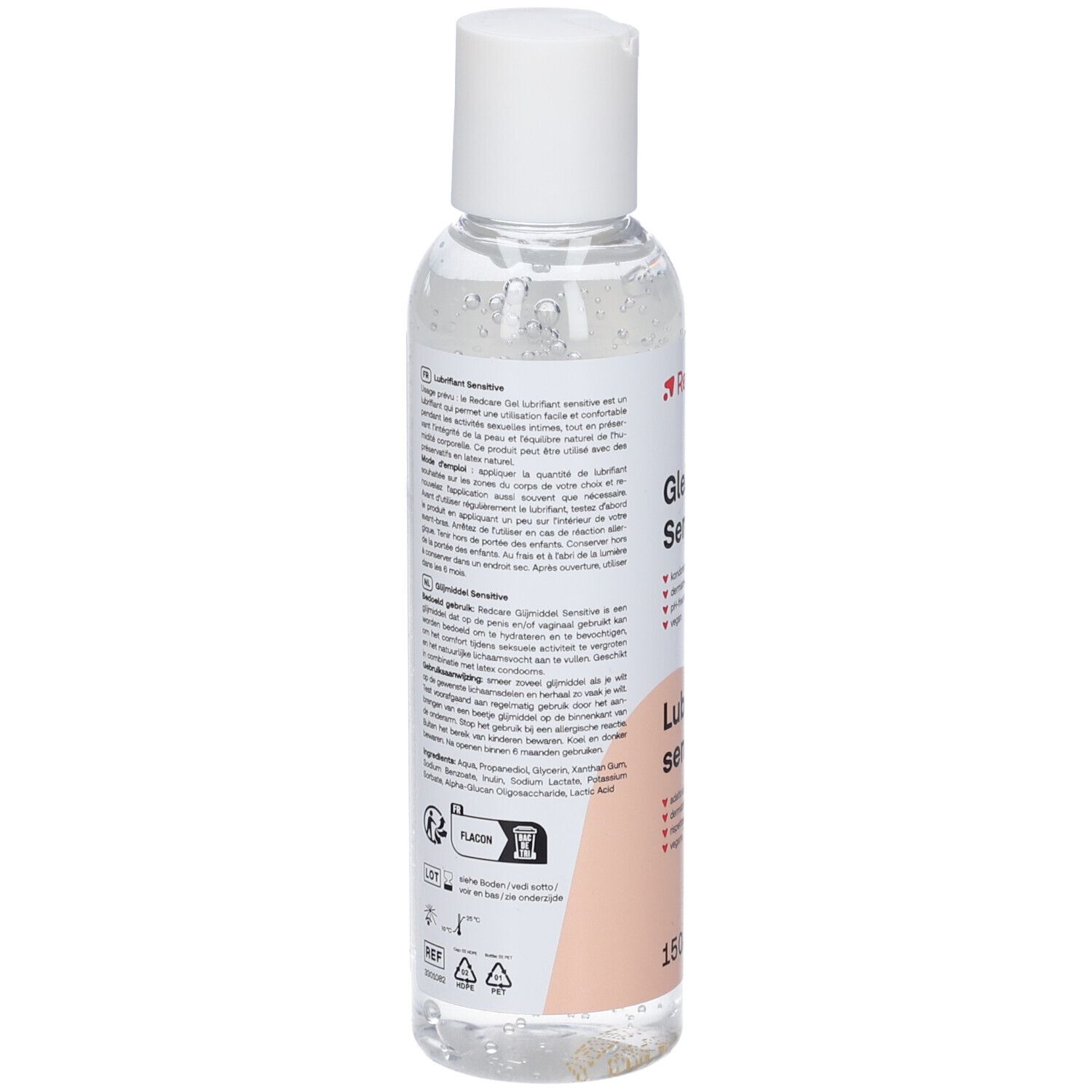 Rückseite der Flasche. Etikett mit Produktinformationen, Inhaltsstoffen und Herstellerangaben. Text in mehreren Sprachen.