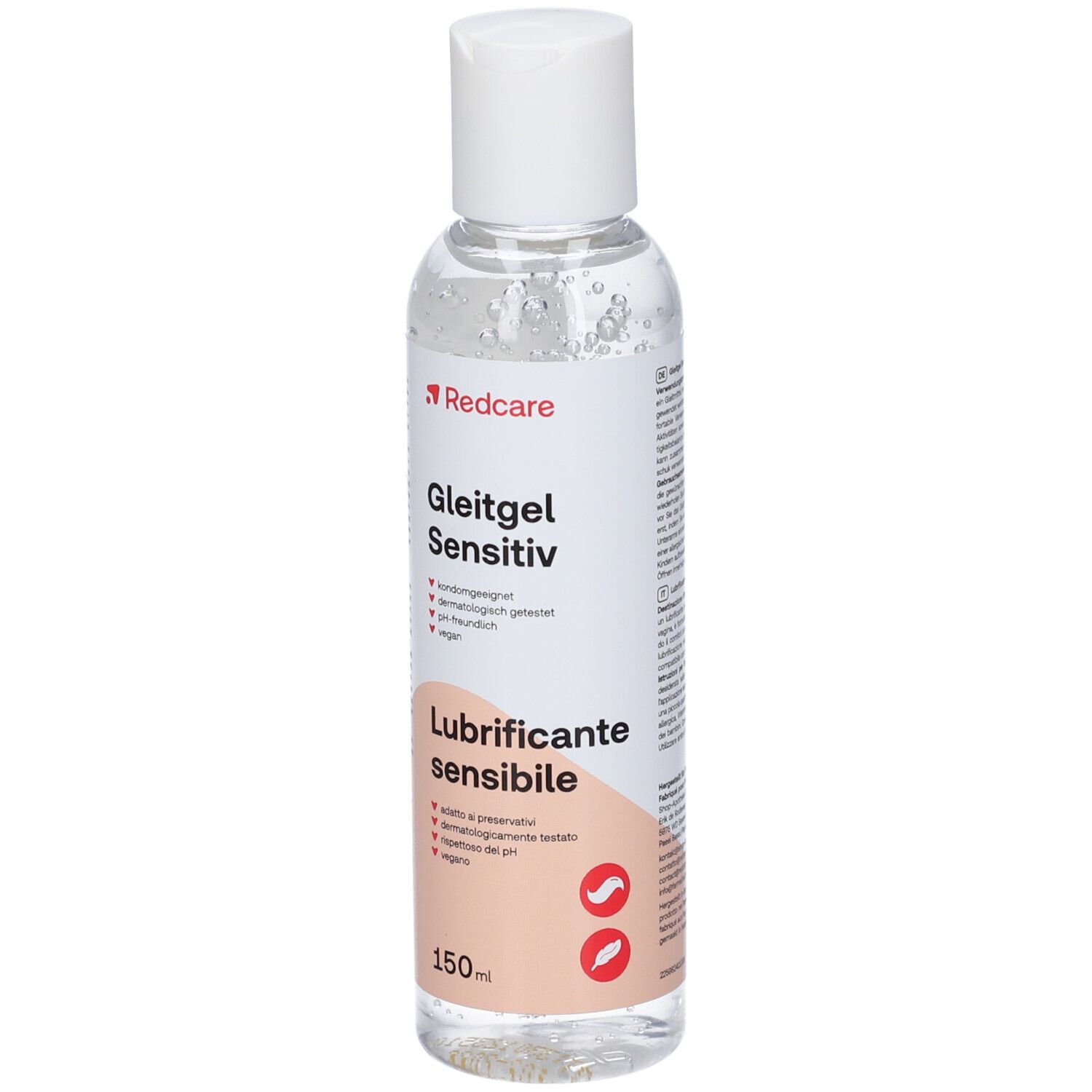 Klare Flasche mit weißem Deckel. Etikett mit Produktnamen, Marke Redcare und Inhaltsangaben. 150ml.