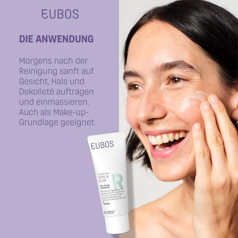 Drei Produkte: Anti-Rötung Reinigungsmilch, Serum, Tagescreme LSF 50. Marke EUBOS.