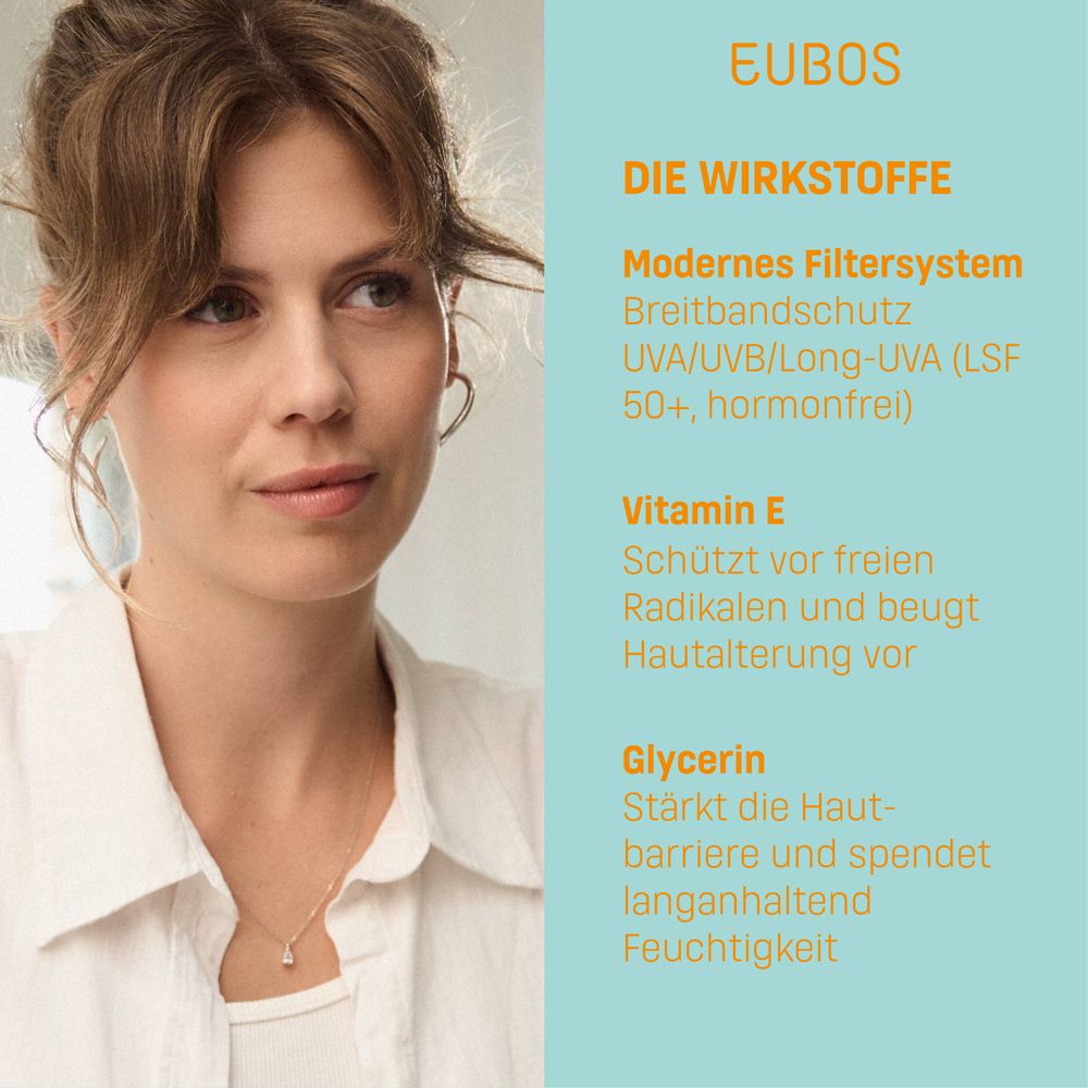 Frau mit Text neben ihr. Text: Wirkstoffe. Modernes Filtersystem. Vitamin E. Glycerin. EUBOS.