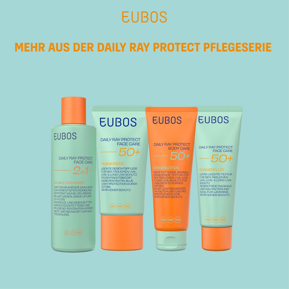 Vier Produkte der Daily Ray Protect Pflegeserie. Sonnenfluid, Body Care, und zwei weitere Tuben.