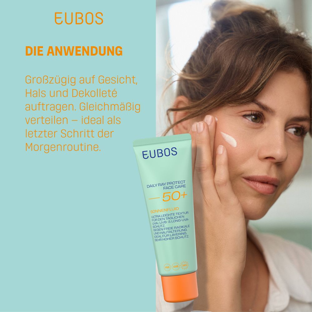 Frau trägt Sonnenfluid auf. Text: Anwendung. Auf Gesicht, Hals und Dekolleté auftragen. EUBOS.