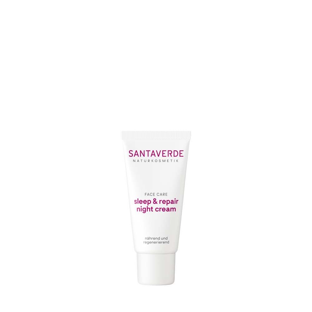 Creme-Tube mit SANTAVERDE-Logo und Text: sleep & repair night cream. Weiß, mit rosa Schrift.