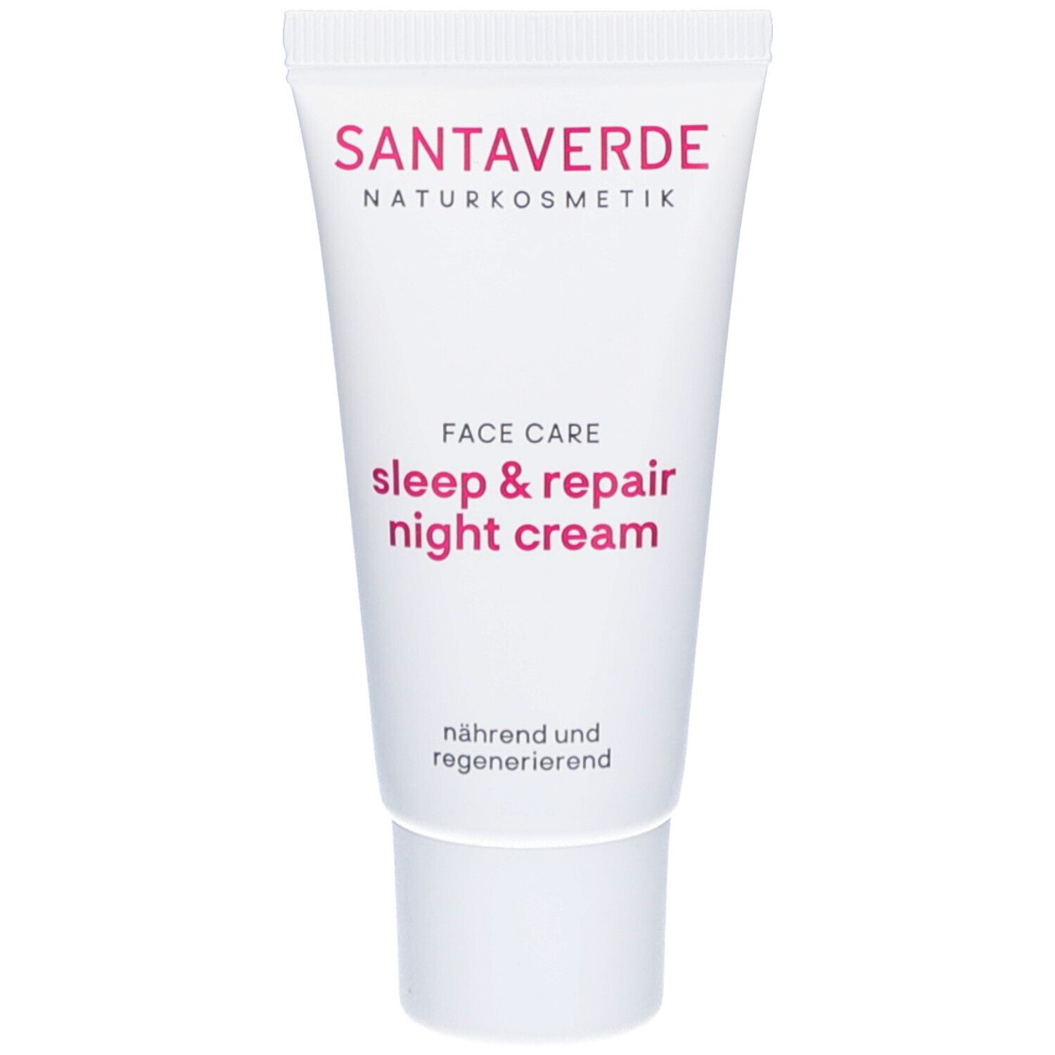 Weiße Tube mit SANTAVERDE, FACE CARE sleep & repair night cream. Schriftzug in Rosa. Deckel unten.