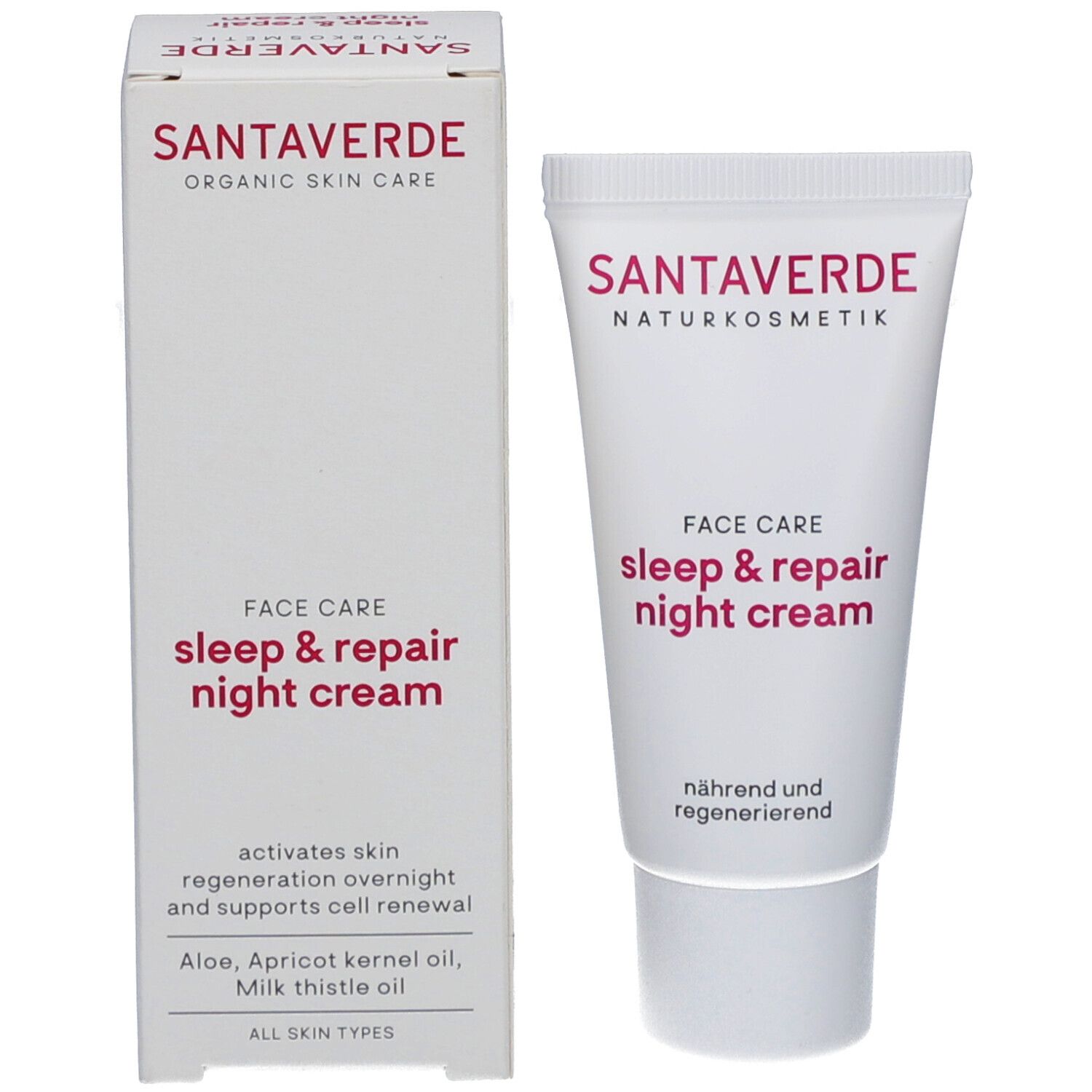 Produktverpackung mit Tube und Karton. Beide zeigen SANTAVERDE, FACE CARE sleep & repair night cream.