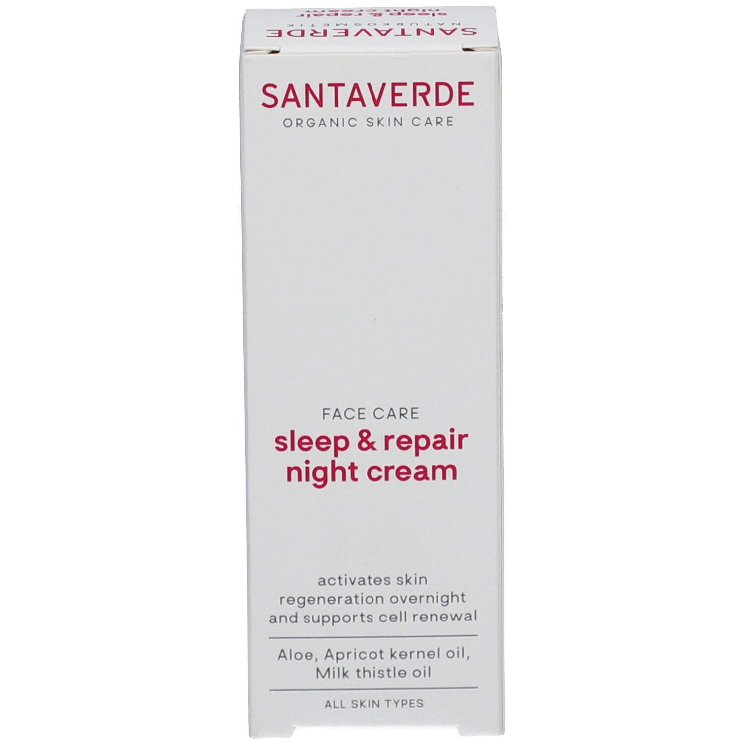 Kartonverpackung mit SANTAVERDE, FACE CARE sleep & repair night cream. Text: aktiviert die Hautregeneration.