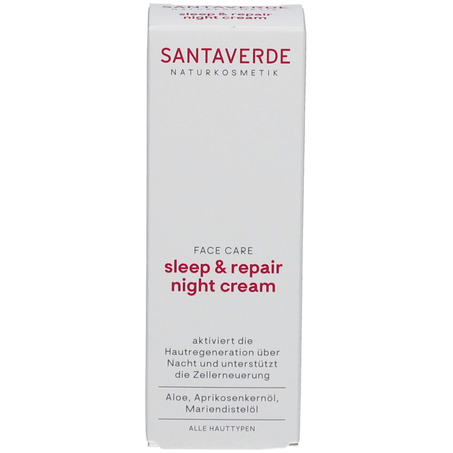Vorderseite der Kartonverpackung mit SANTAVERDE, FACE CARE sleep & repair night cream. Text: aktiviert die Hautregeneration.