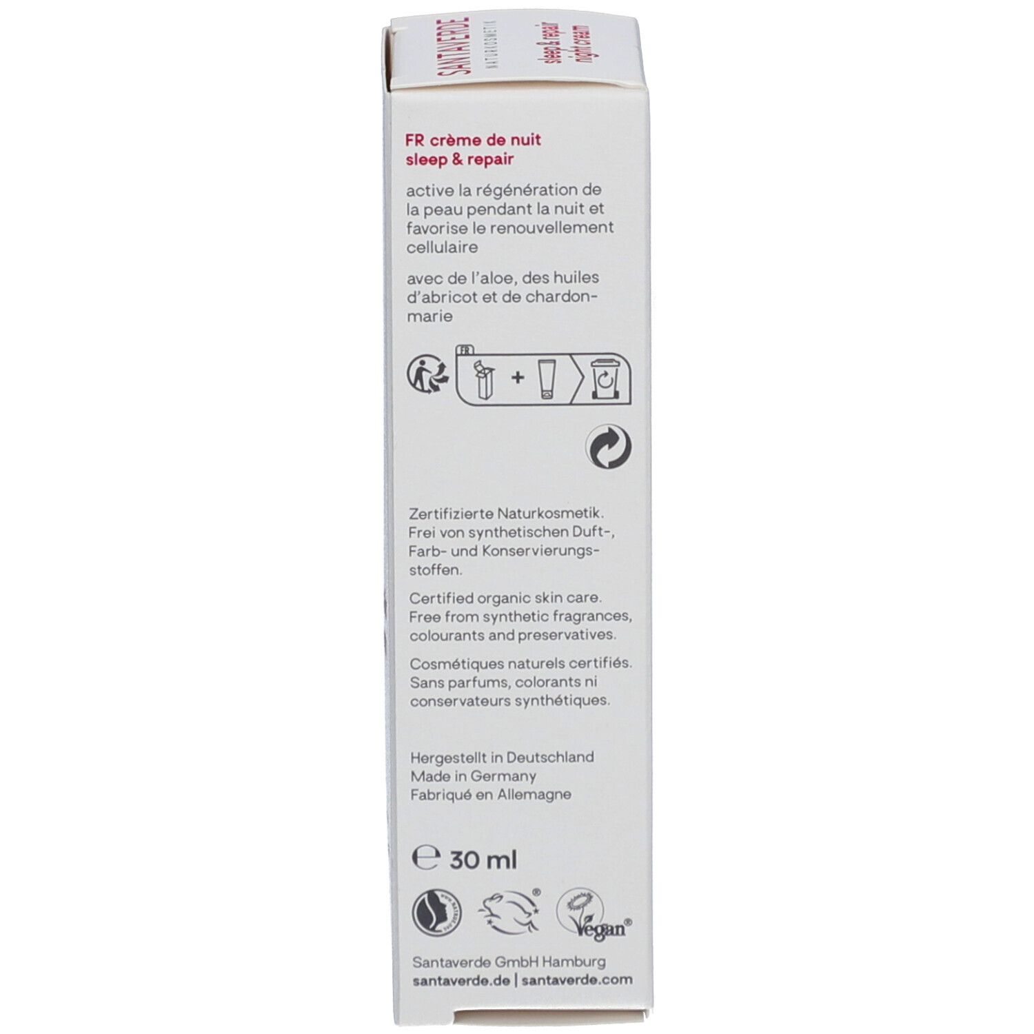 Rückseite der Kartonverpackung mit Informationen. Enthält Anwendungsanweisungen und Zertifizierungen.
