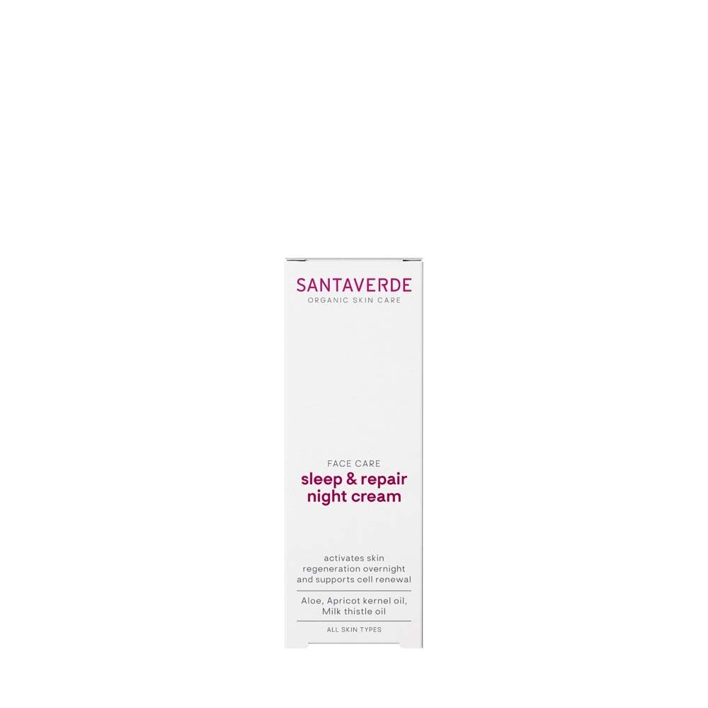Produktverpackung. Text: SANTAVERDE, sleep & repair night cream. Weißer Karton.