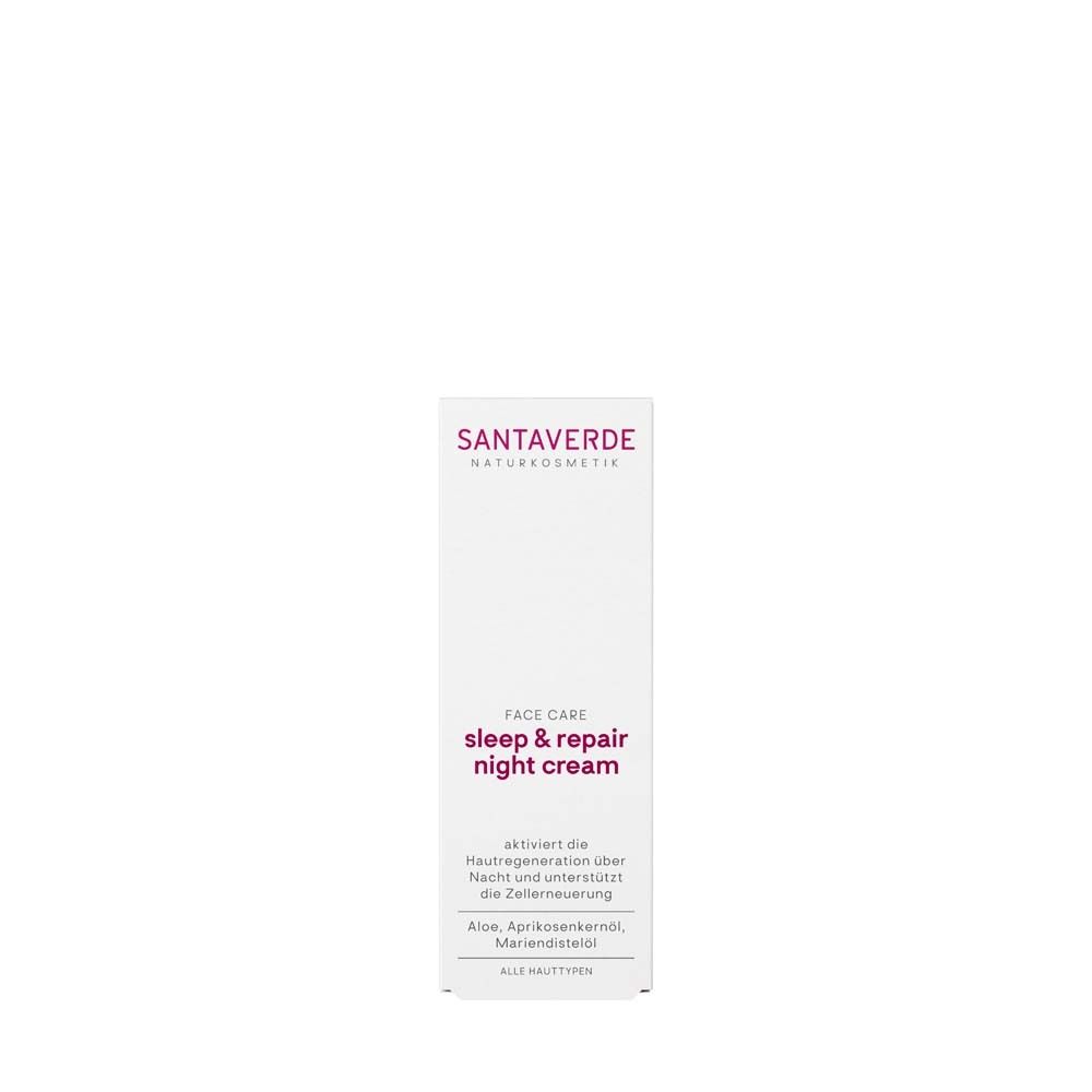 Produktverpackung. Text: SANTAVERDE, sleep & repair night cream. Weißer Karton.