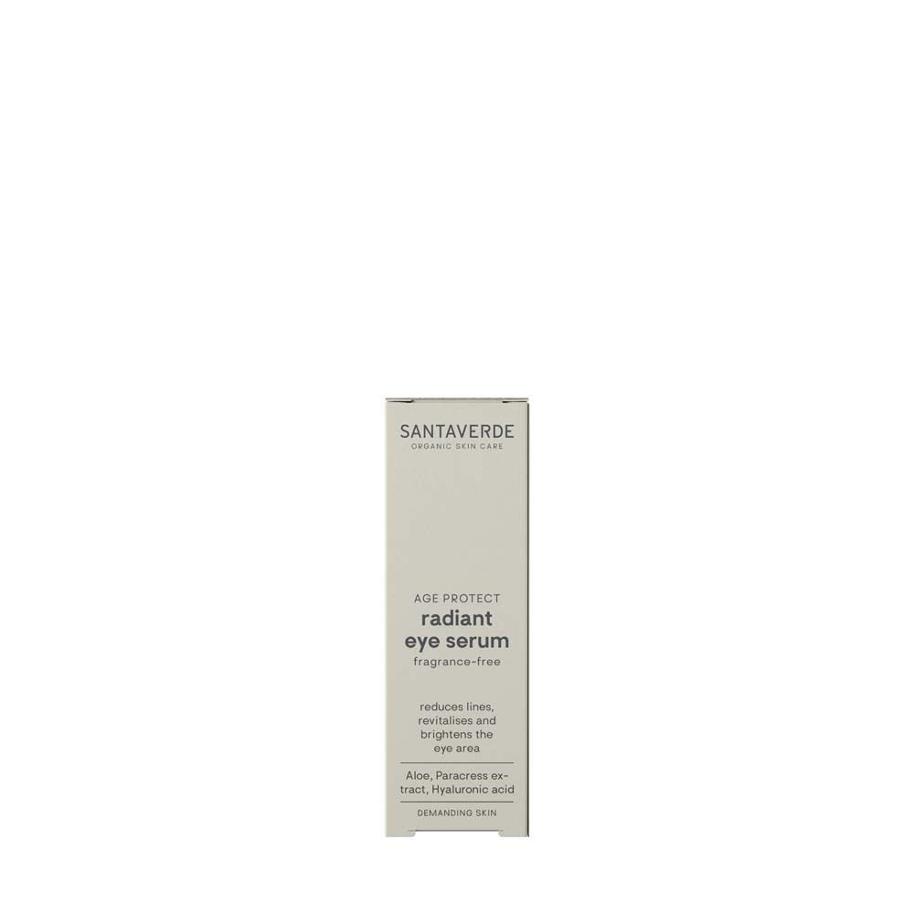 Produktverpackung. Text: SANTAVERDE, radiant eye serum, fragrance-free.