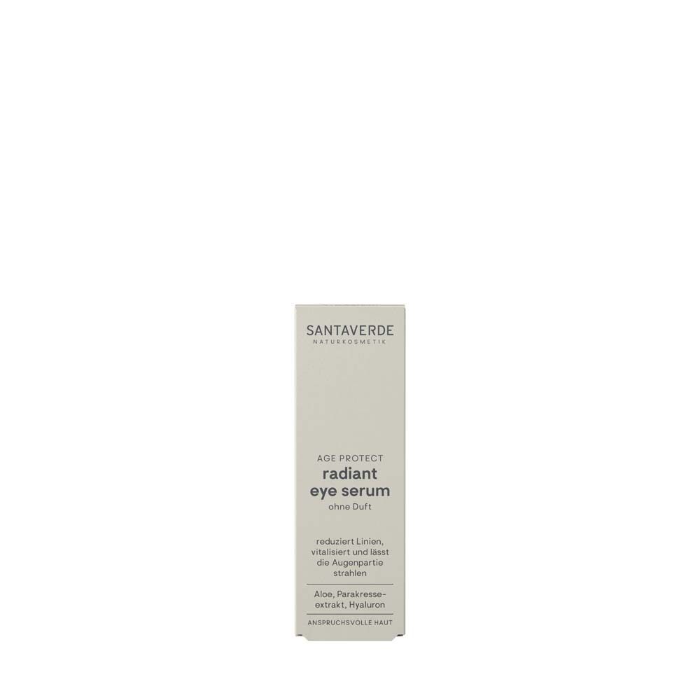 Produktverpackung. Text: SANTAVERDE, radiant eye serum, ohne Duft. Inhaltsstoffe.