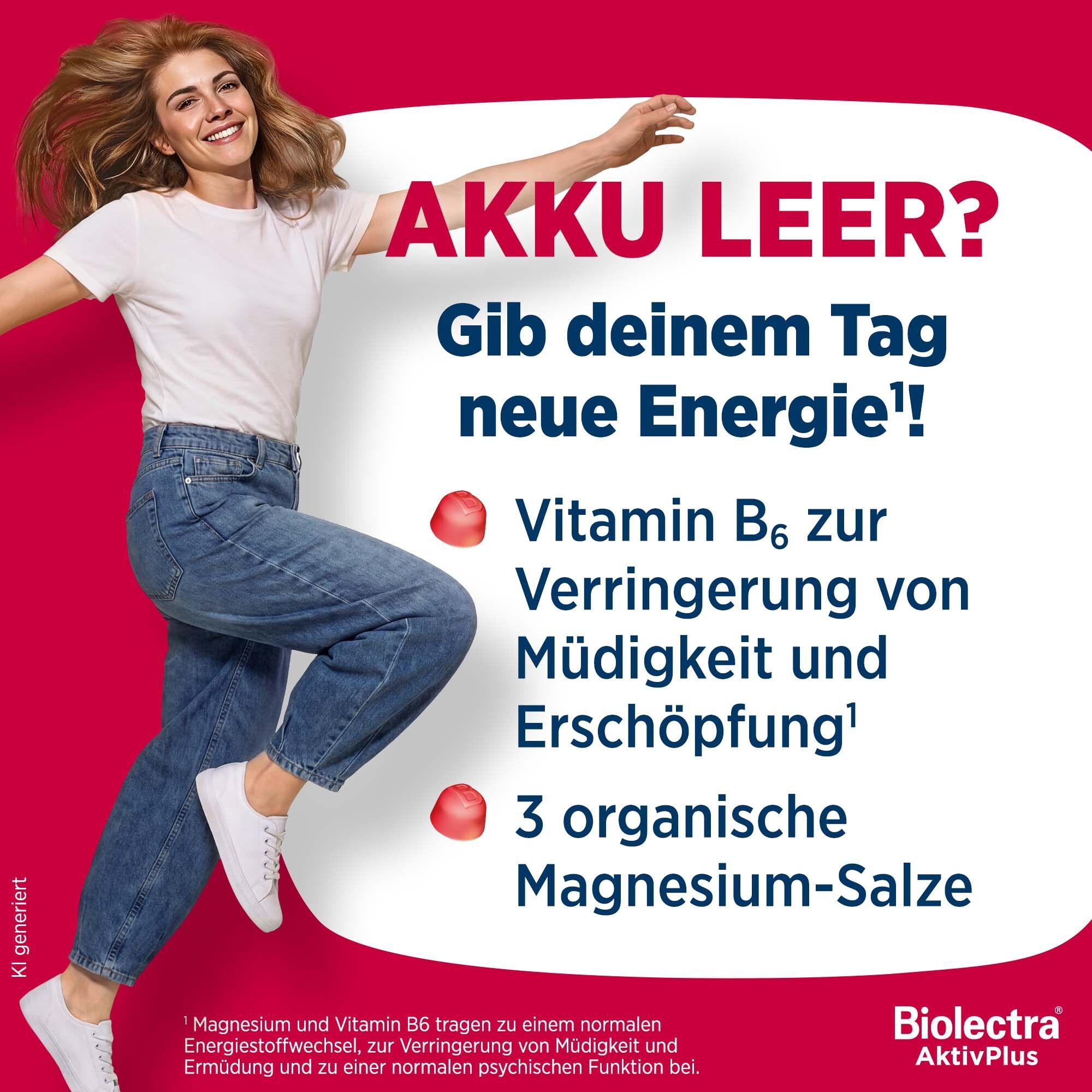 Frau mit Energie, Biolectra AktivPlus: Vitamin B6 gegen Müdigkeit, 3 organische Magnesium-Salze.