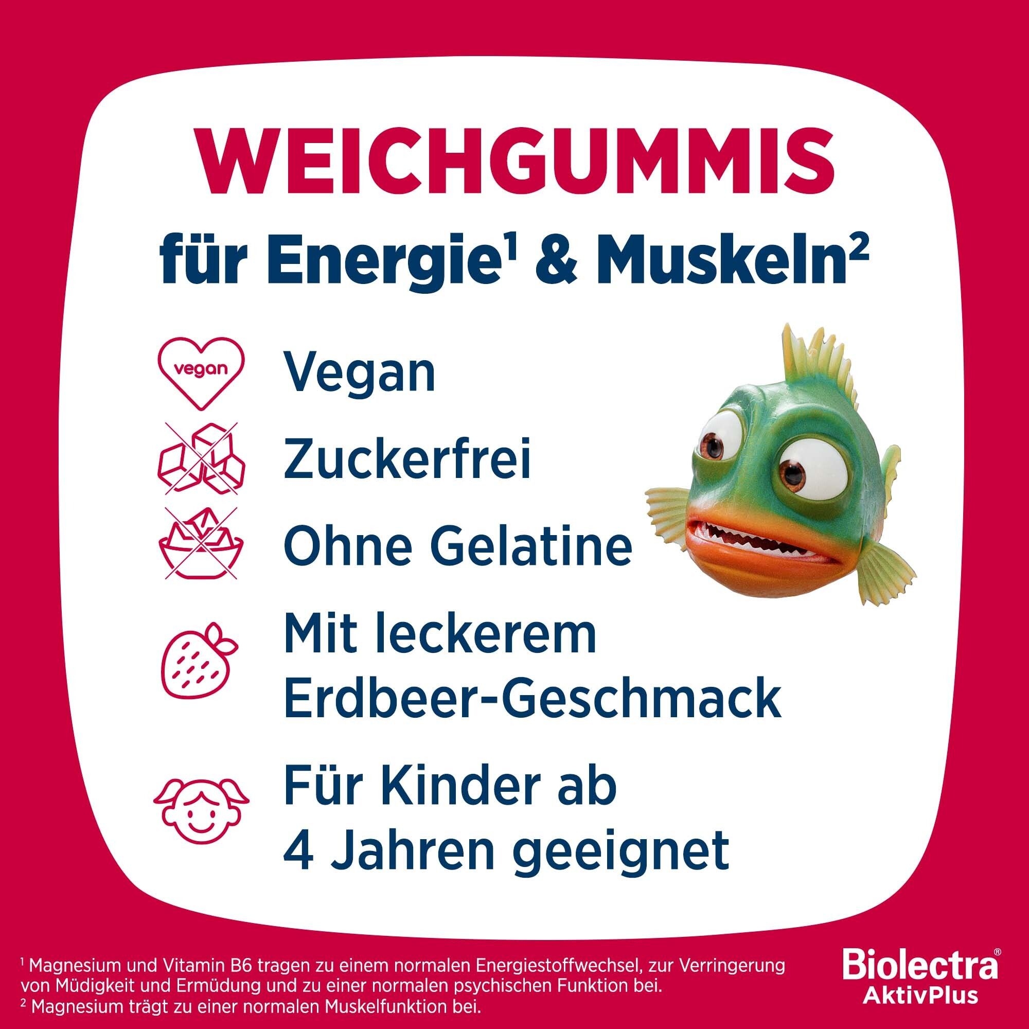 Biolectra AktivPlus Weichgummis: Vegan, zuckerfrei, ohne Gelatine, Erdbeergeschmack, für Kinder ab 4.