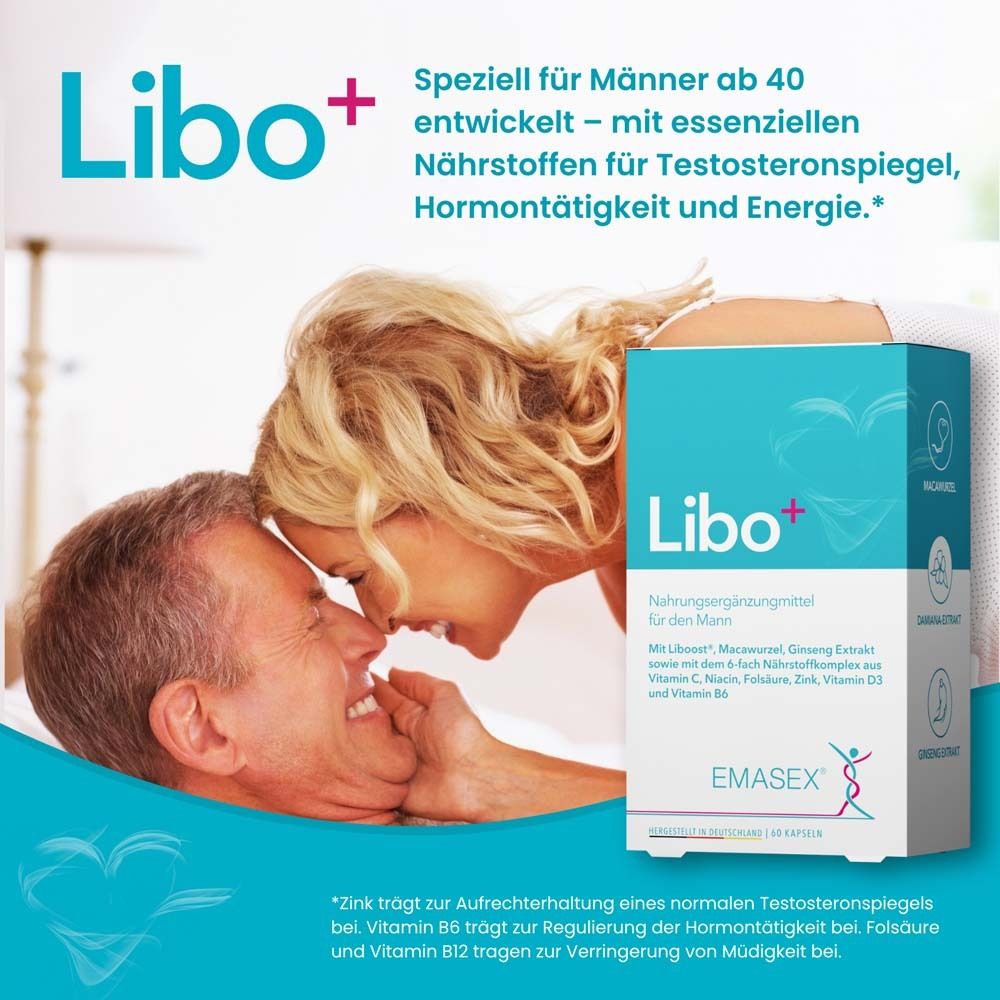 Paar umarmt sich. Libo+ Packung. Text: Nahrungsergänzungsmittel für Männer. Enthält Liboost, Maca, Ginseng.
