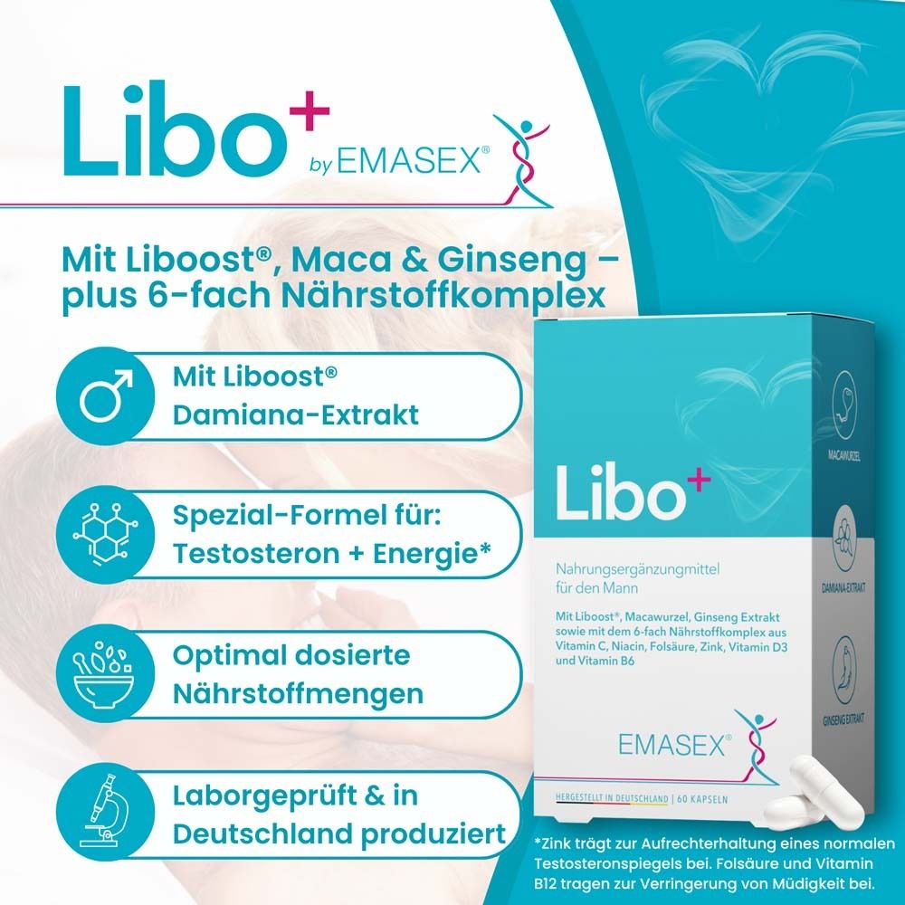 Libo+ Packung und Kapseln. Text: Nahrungsergänzungsmittel für Männer. Enthält Liboost, Maca, Ginseng. Laborgeprüft.