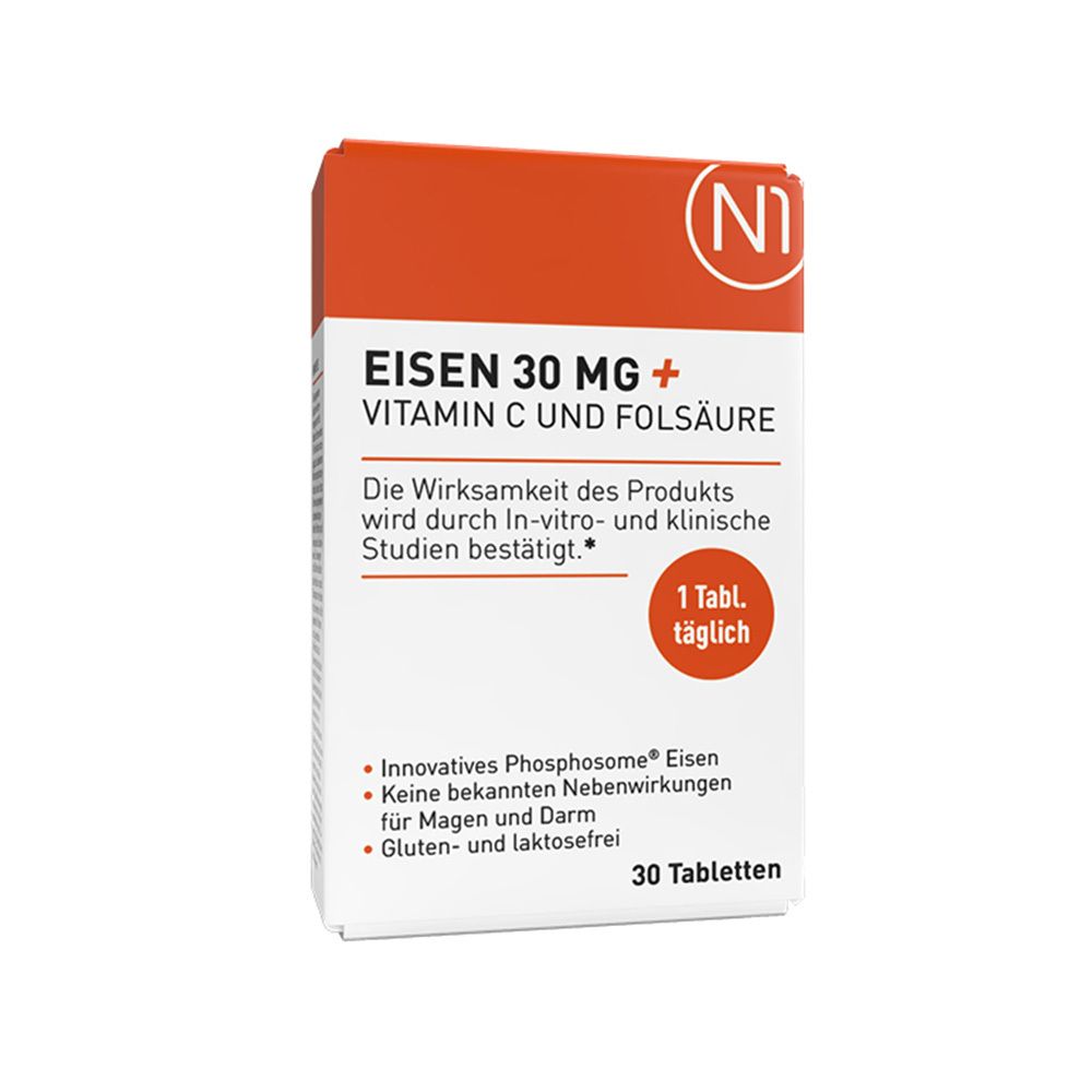 Verpackung von N1 Eisentabletten. Enthält Eisen 30 mg, Vitamin C und Folsäure. 30 Tabletten. 1 Tablette täglich.