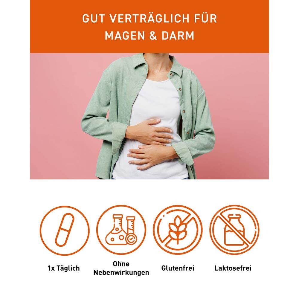 Infografik: Gut verträglich für Magen & Darm. Ohne Nebenwirkungen. Glutenfrei. Laktosefrei.