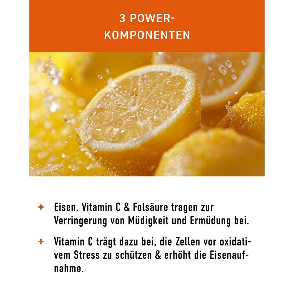 Infografik: 3 Power-Komponenten. Eisen, Vitamin C & Folsäure. Vitamin C schützt vor oxidativem Stress.