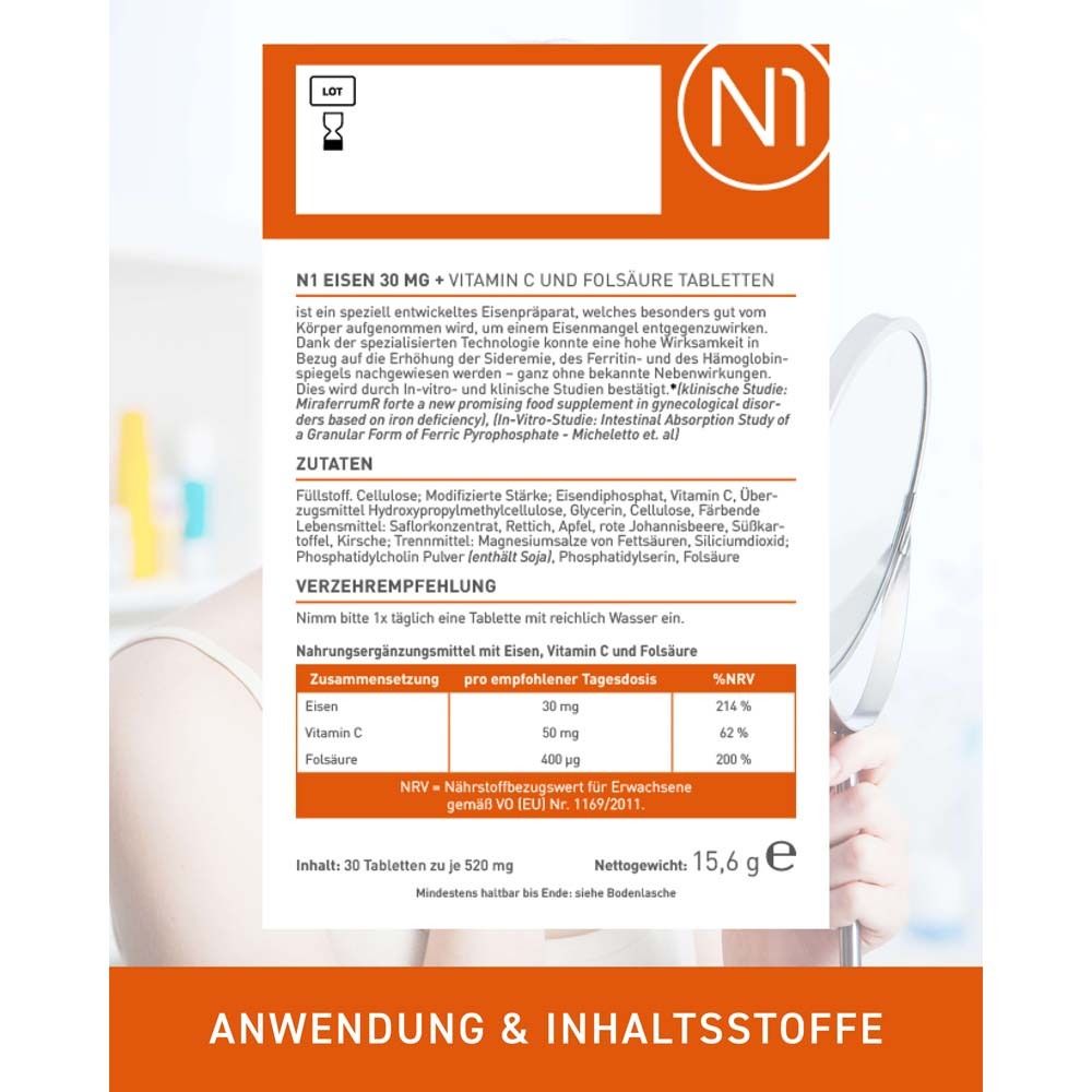 Rückseite der Verpackung von N1 Eisentabletten. Enthält Inhaltsstoffe, Nährwertangaben und Anwendungshinweise.