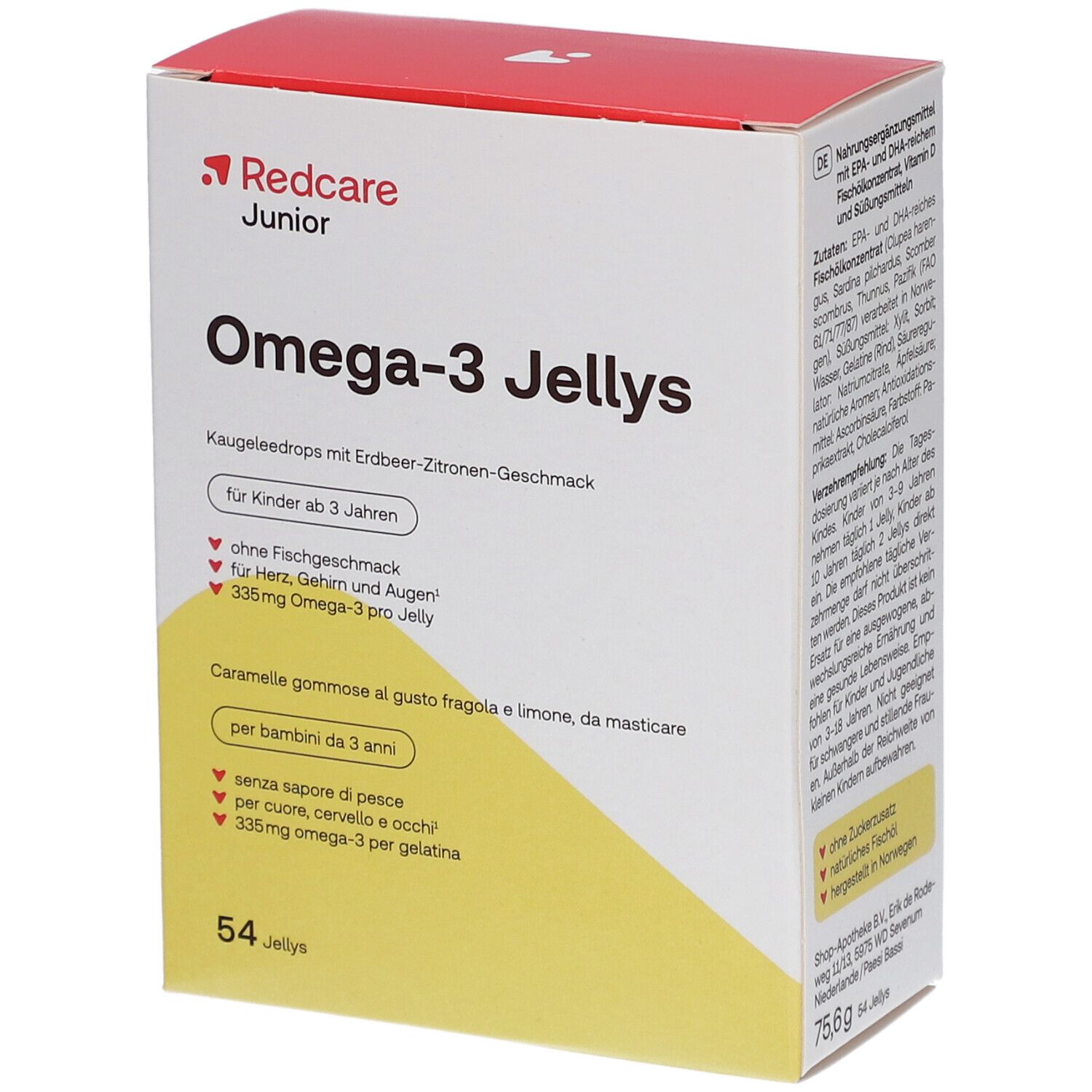 Schachtel mit Redcare Junior Omega-3 Jellys. Aufschrift: Omega-3 Jellys, für Kinder ab 3 Jahren. 54 Jellys.