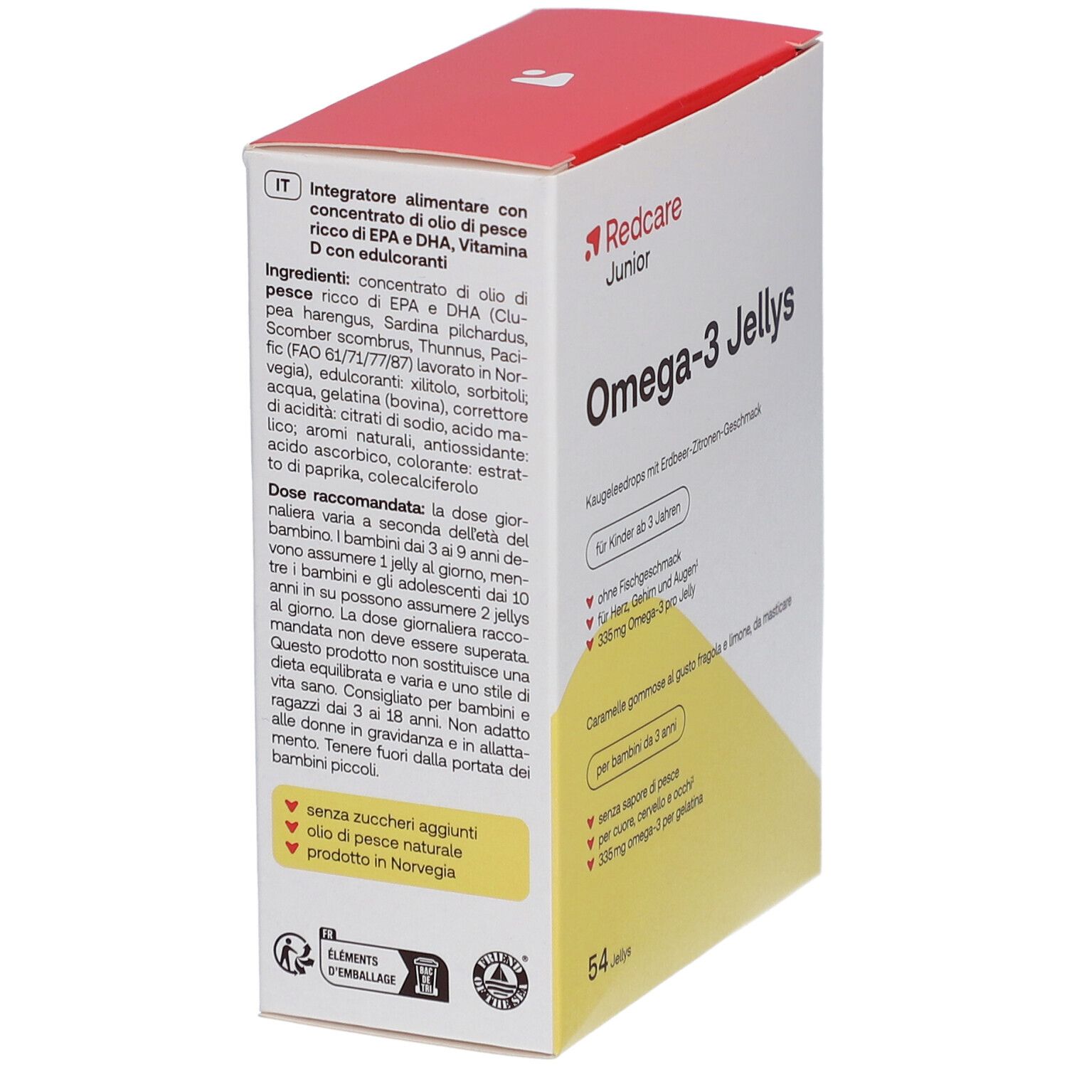 Schachtel mit Redcare Junior Omega-3 Jellys. Aufschrift: Omega-3 Jellys, für Kinder ab 3 Jahren. 54 Jellys.