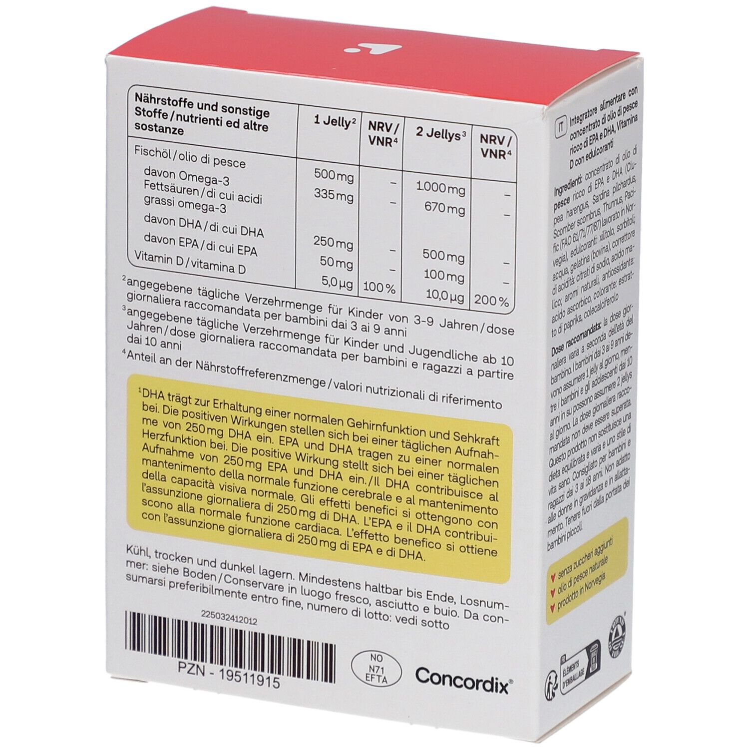 Rückseite der Schachtel mit Nährwertangaben für Redcare Junior Omega-3 Jellys. Angaben in Deutsch und Italienisch.