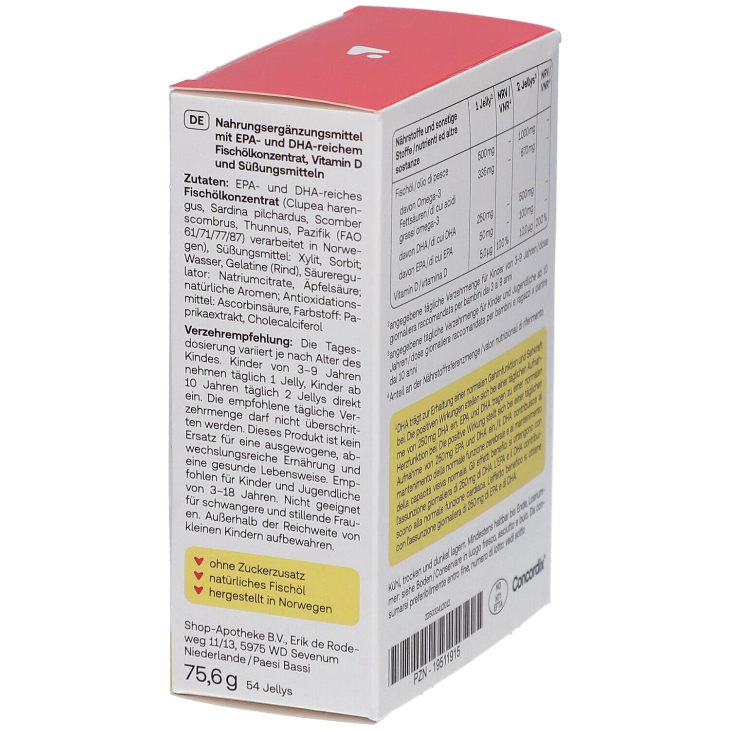 Rückseite der Schachtel mit Nährwertangaben für Redcare Junior Omega-3 Jellys. Angaben in Deutsch.