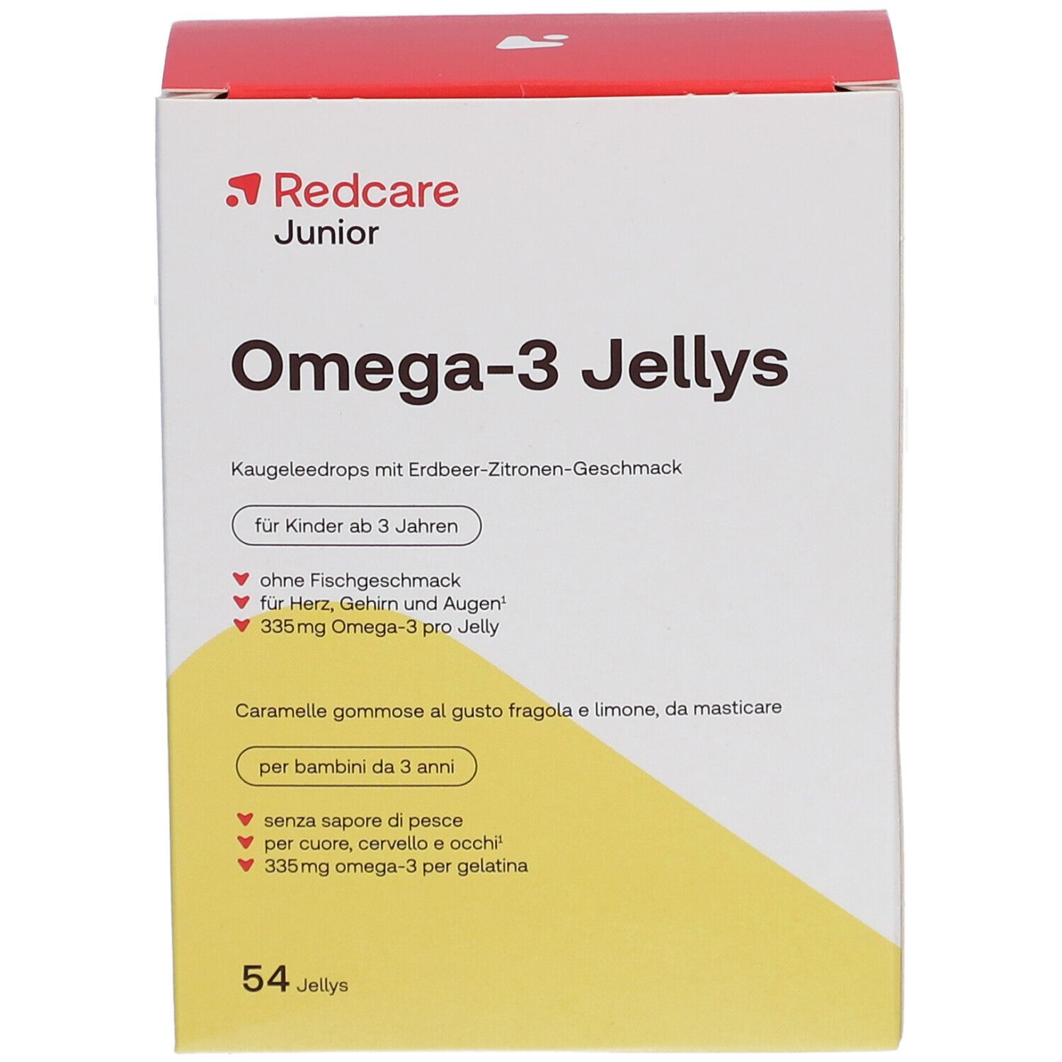 Schachtel mit Redcare Junior Omega-3 Jellys. Aufschrift: Omega-3 Jellys, für Kinder ab 3 Jahren. 54 Jellys.