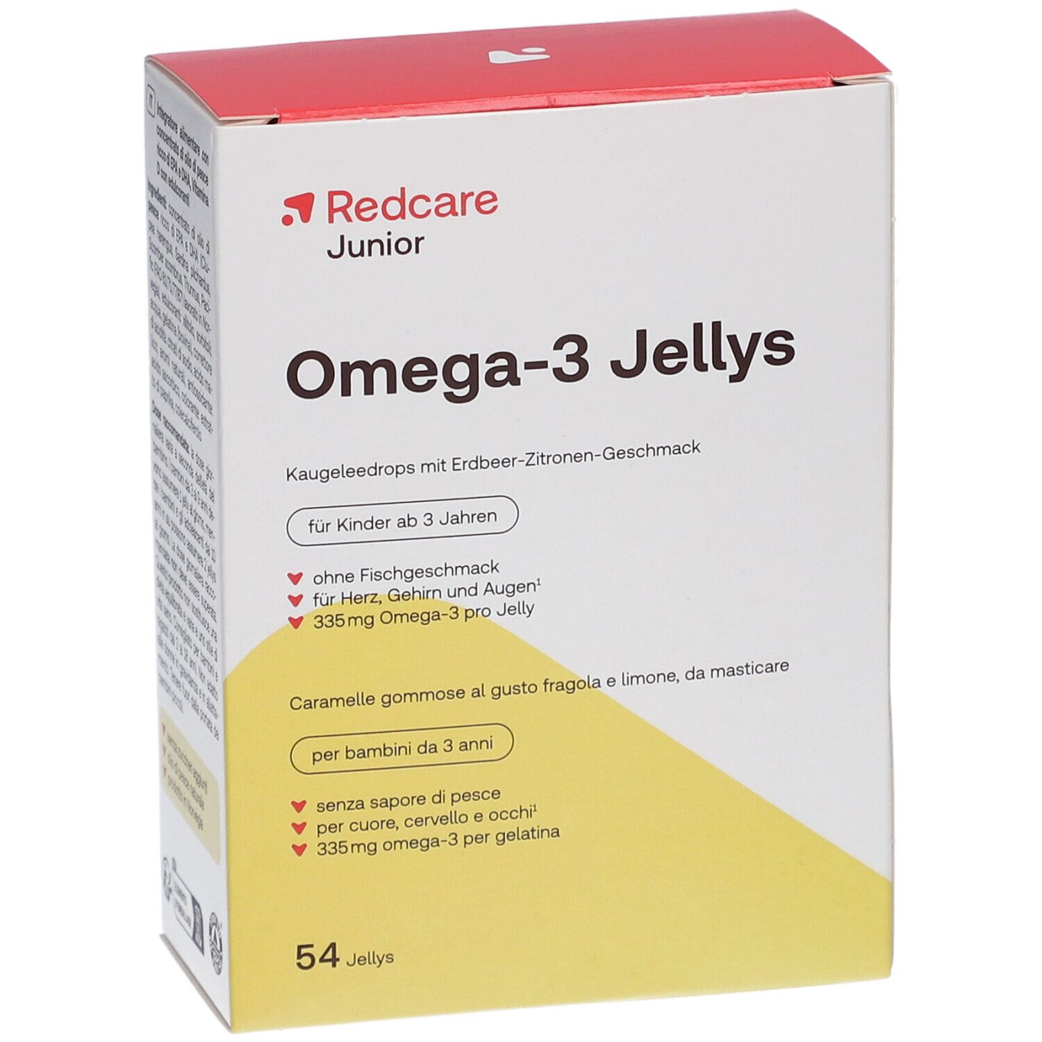 Schachtel mit Redcare Junior Omega-3 Jellys. Aufschrift: Omega-3 Jellys, für Kinder ab 3 Jahren. 54 Jellys.