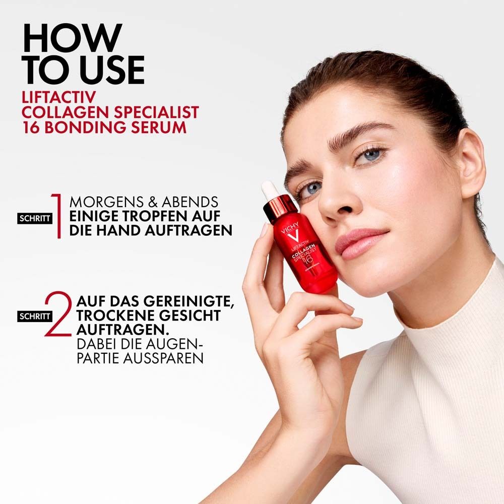 Frau hält Flasche. Anwendung: Morgens & abends auftragen. Vichy Liftactiv Collagen Specialist 16.