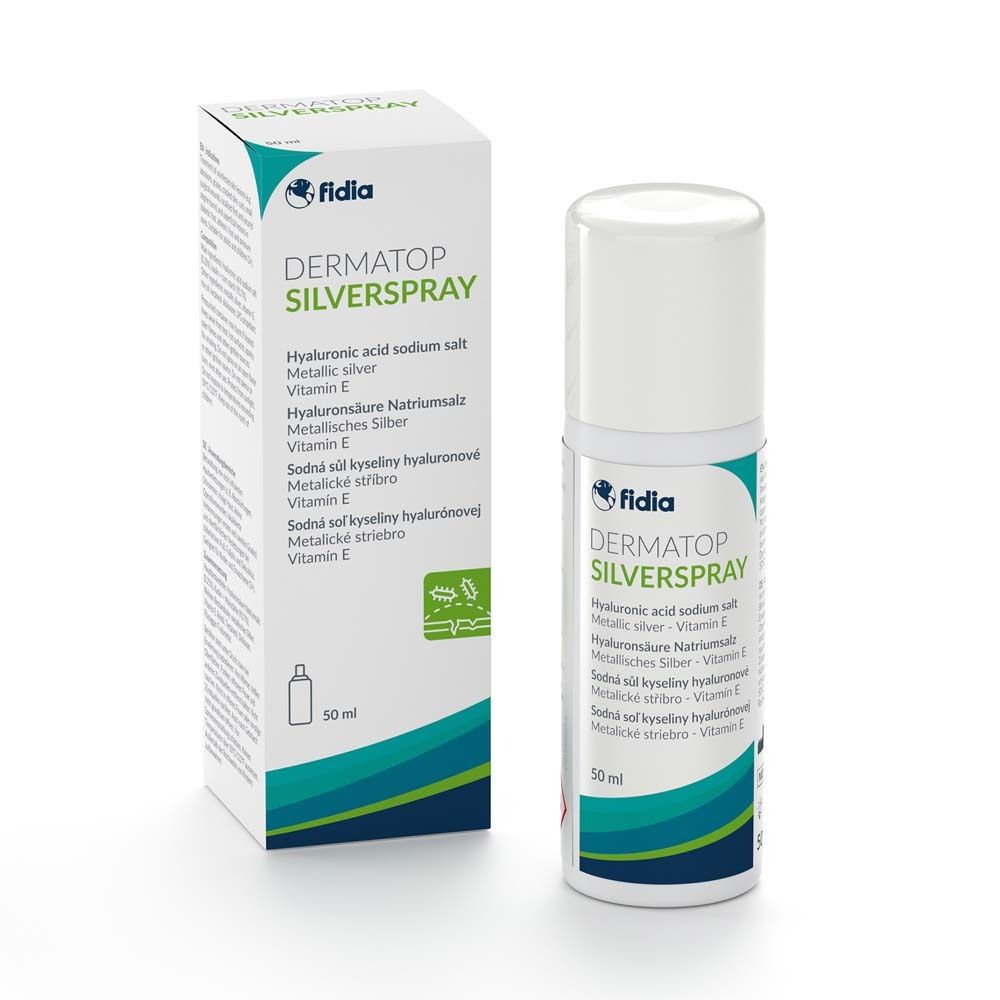 Dermatop Silverspray-Flasche und -Verpackung. Enthält Hyaluronsäure, metallisches Silber und Vitamin E. 50 ml.