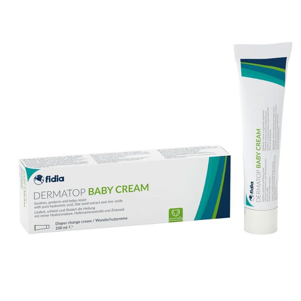Verpackung und Tube DERMATOP BABY CREAM. Weiß, grün und blau. Text: Baby Creme, Wundschutzcreme, Hyaluronsäure.