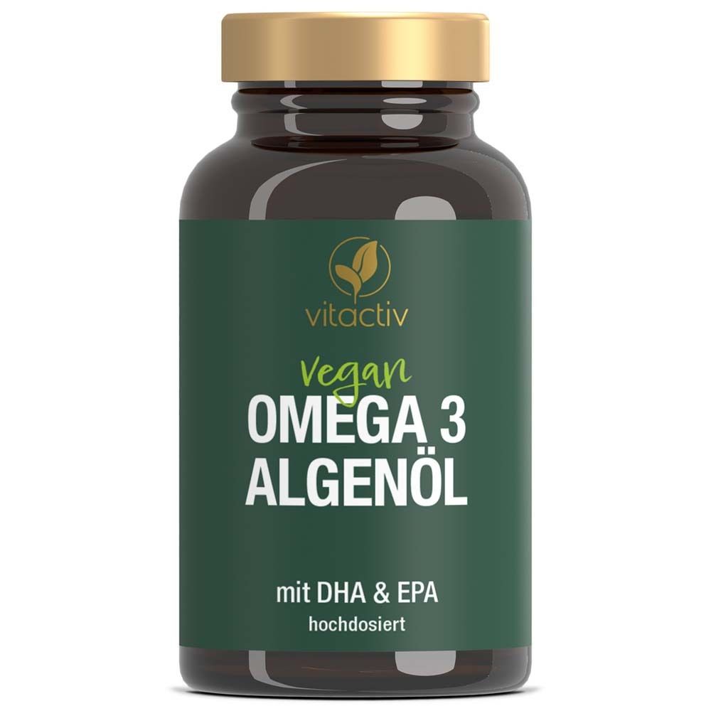 Braune Flasche mit grüner Etikett. Aufschrift: vitactiv Vegan Omega 3 Algenöl. Mit DHA & EPA.