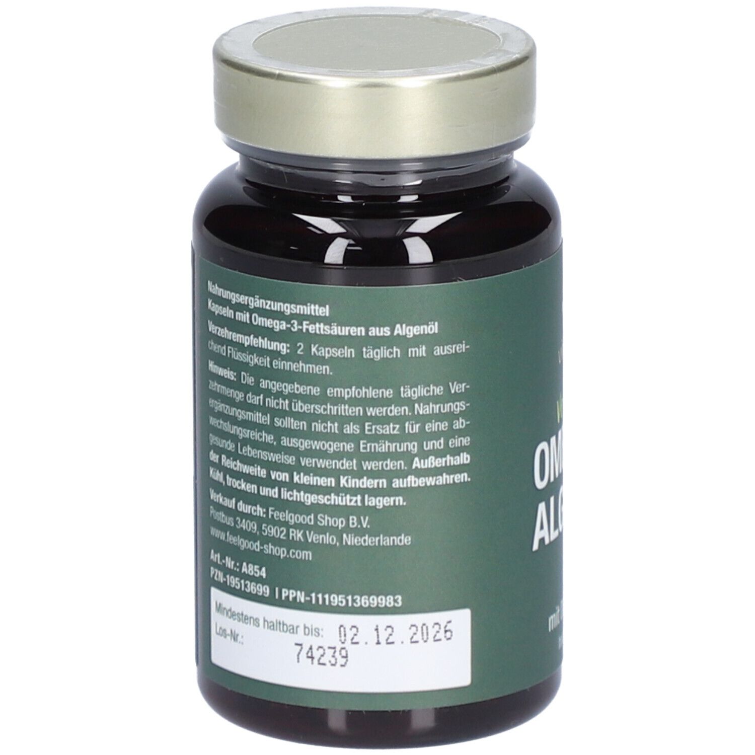 Braune Flasche mit grünem Etikett. Aufschrift: vitactiv Vegan Omega 3 Algenöl. Mit DHA & EPA.