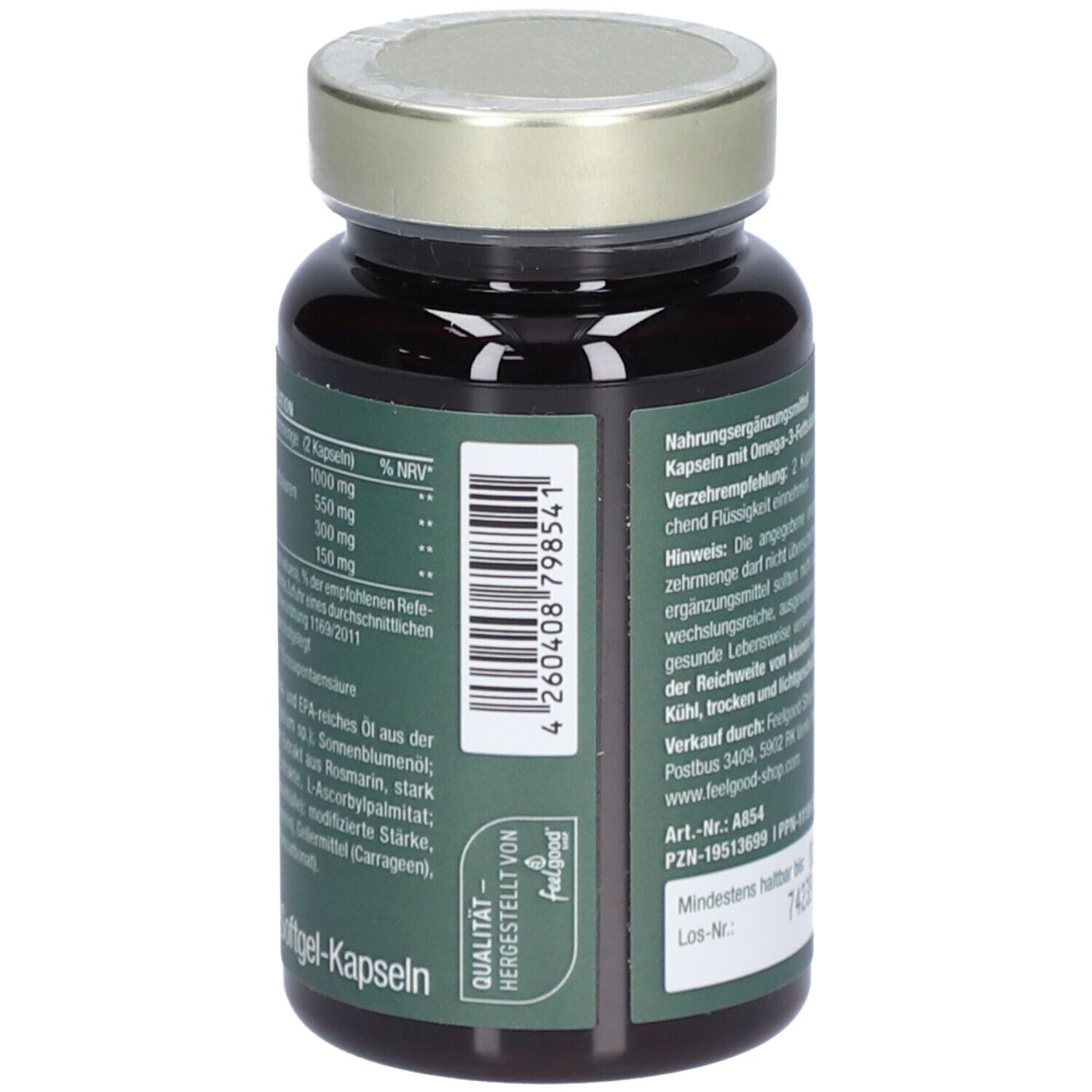 Braune Flasche mit grünem Etikett. Aufschrift: vitactiv Vegan Omega 3 Algenöl. Mit DHA & EPA.