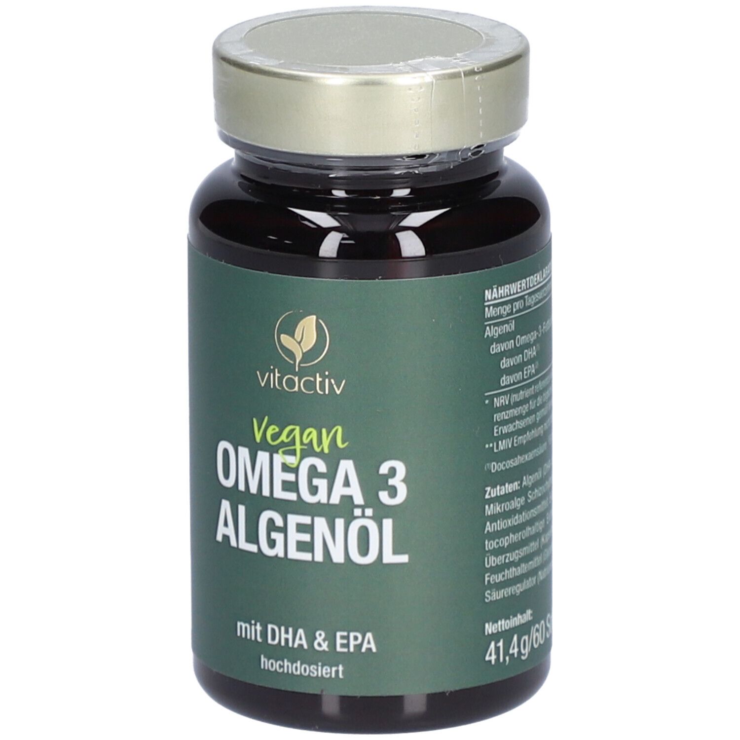 Braune Flasche mit grünem Etikett. Aufschrift: vitactiv Vegan Omega 3 Algenöl. Mit DHA & EPA.