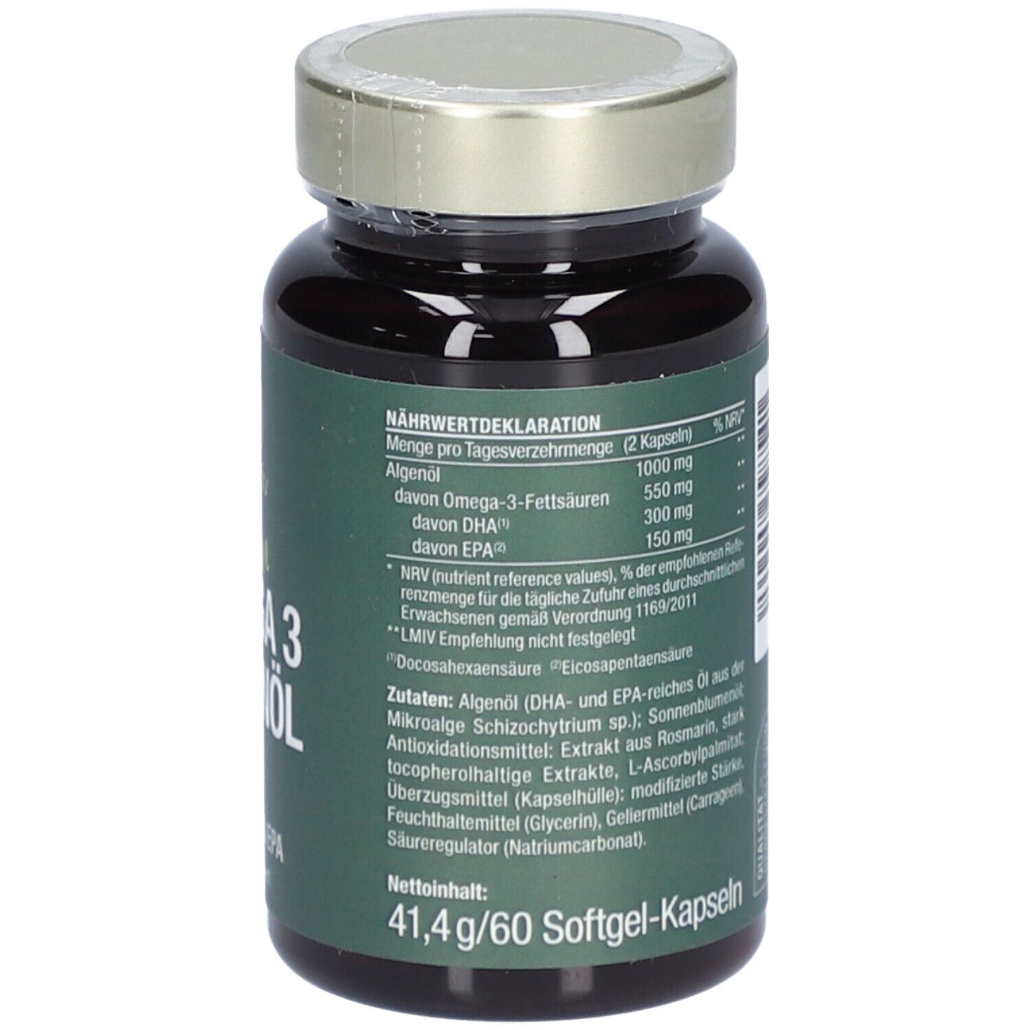 Braune Flasche mit grünem Etikett. Aufschrift: vitactiv Vegan Omega 3 Algenöl. Mit DHA & EPA.