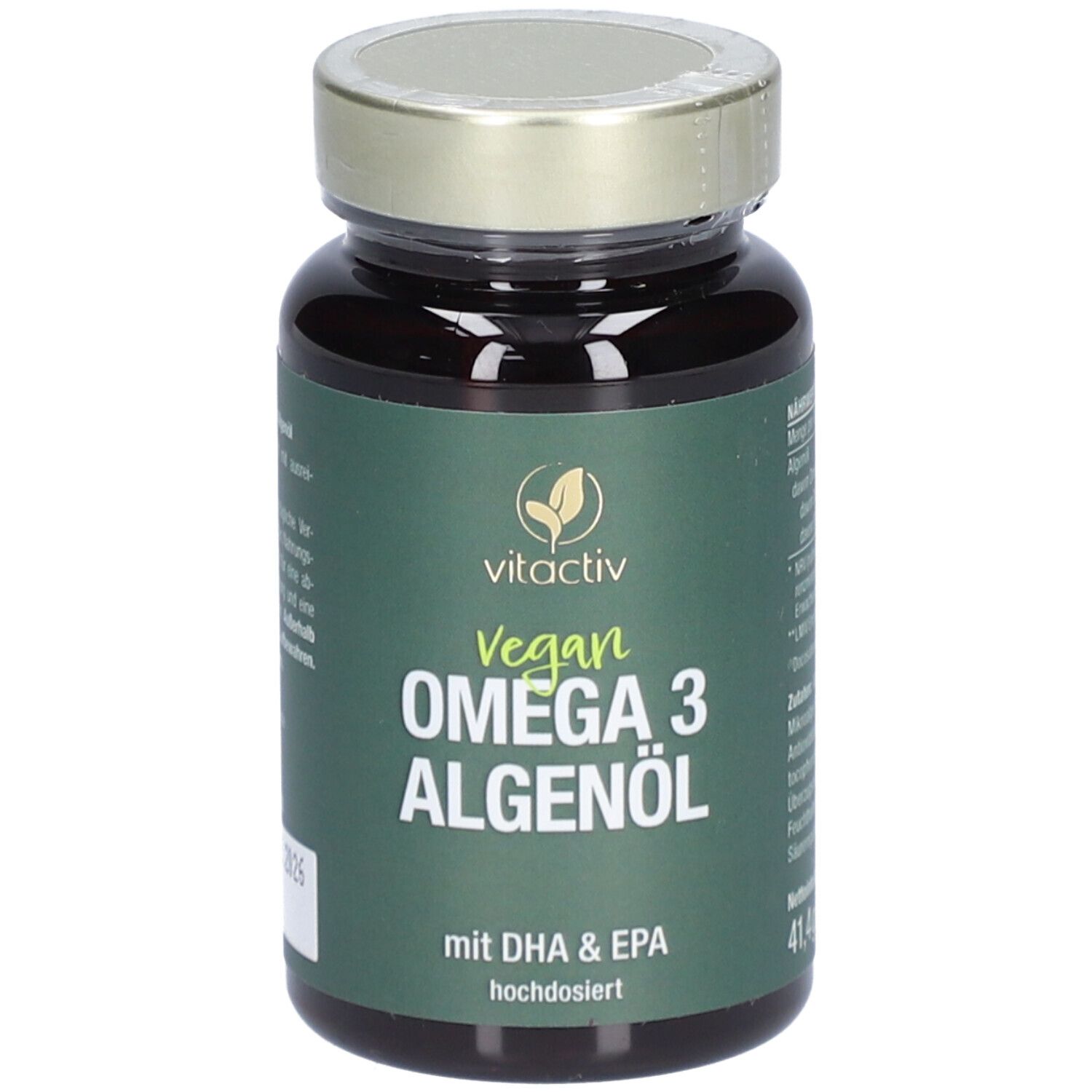Braune Flasche mit grünem Etikett. Aufschrift: vitactiv Vegan Omega 3 Algenöl. Mit DHA & EPA.
