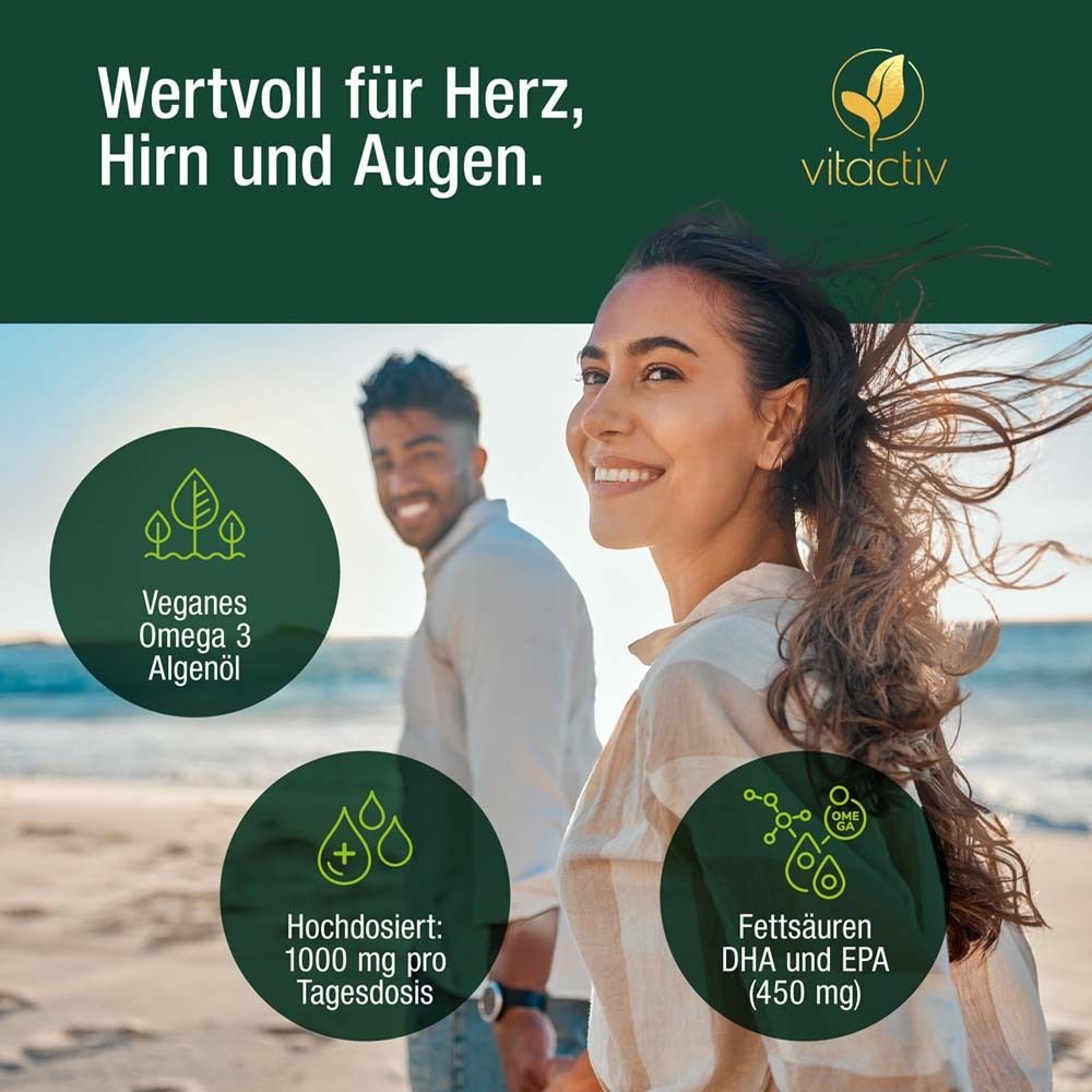 Frau und Mann am Strand. Kreise mit Text: Veganes Omega 3 Algenöl, 1000 mg pro Tagesdosis, Fettsäuren DHA und EPA.
