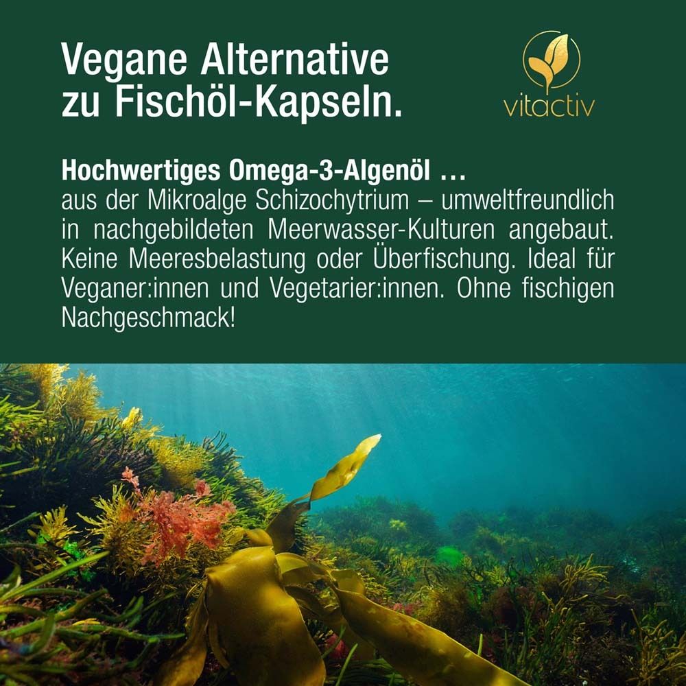 Unterwasseraufnahme. Algen. Text: Vegane Alternative zu Fischöl-Kapseln. Hochwertiges Omega-3-Algenöl.