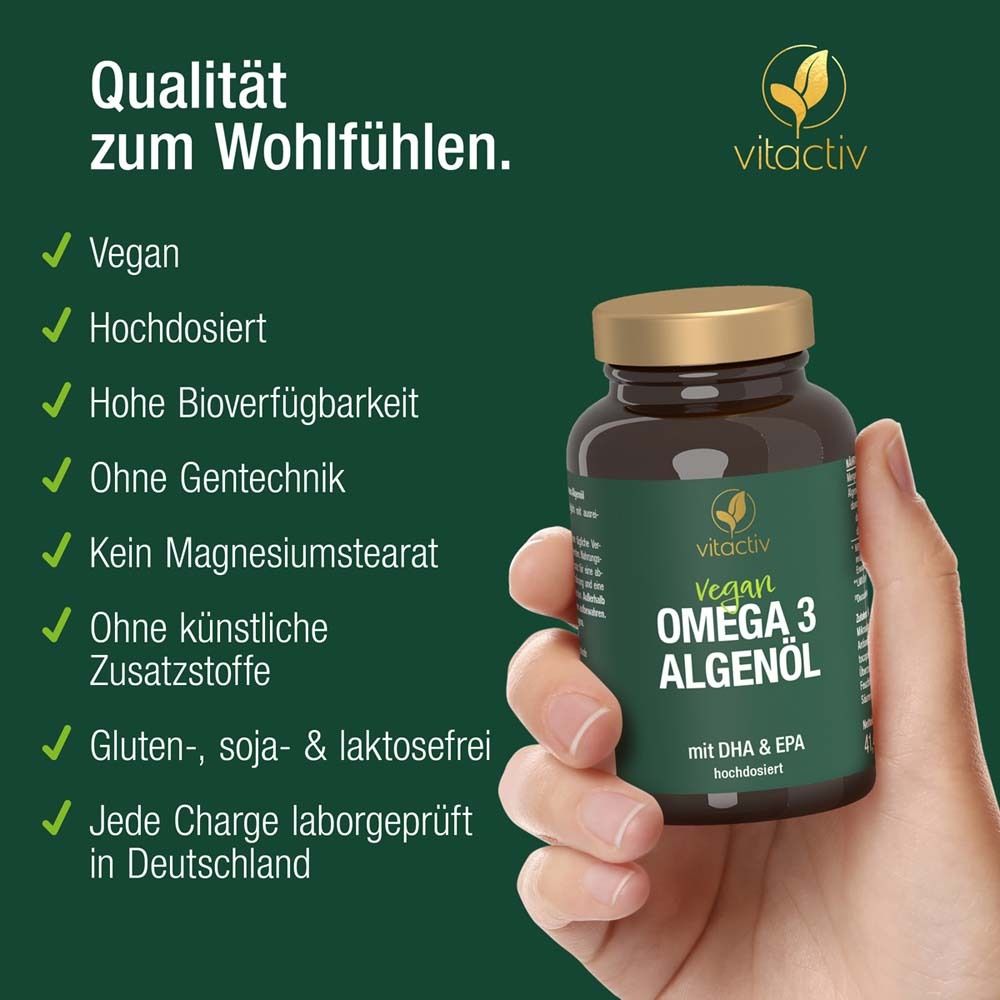 Hand hält Flasche. Text: Vegan, hochdosiert, hohe Bioverfügbarkeit, ohne Gentechnik, ohne Magnesiumstearat.