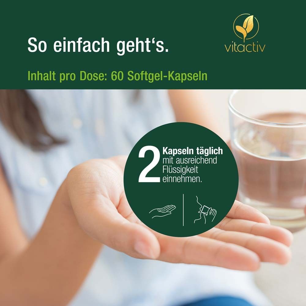 Hand hält Kapsel und Glas Wasser. Text: 2 Kapseln täglich mit ausreichend Flüssigkeit einnehmen.