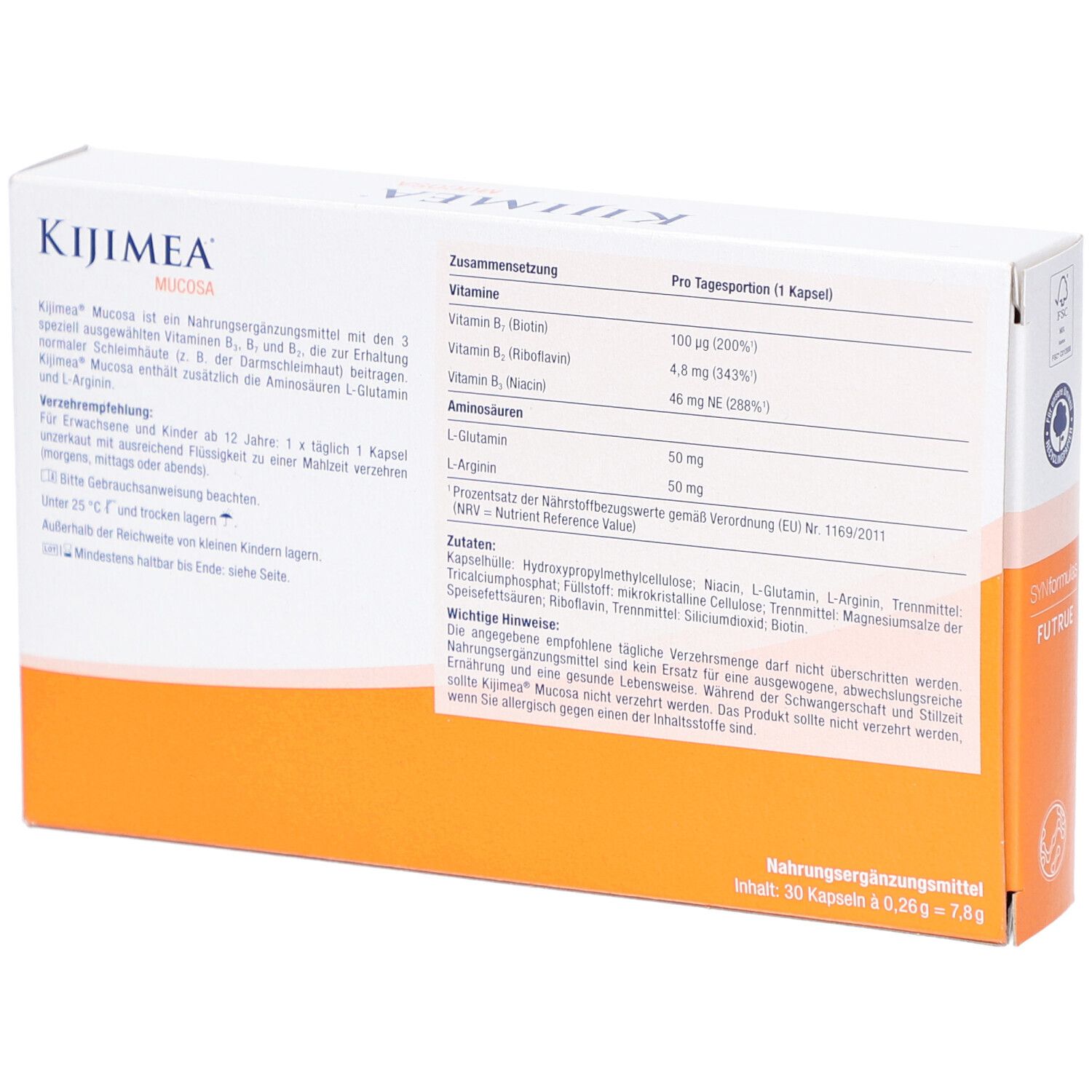 Rückseite der KIJIMEA Mucosa-Verpackung. Enthält Informationen zu Inhaltsstoffen und Nährwertangaben. 30 Kapseln.